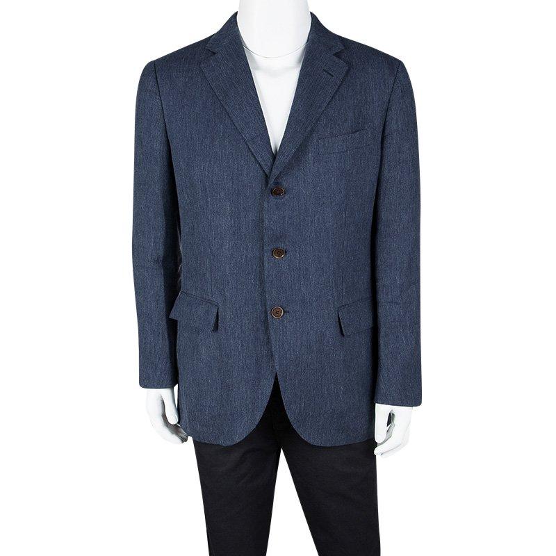 Black Loro Piana Blue Linen Tailored Blazer L
