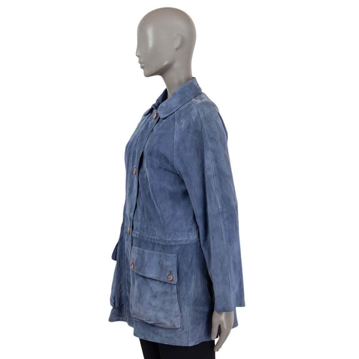 Women's LORO PIANA blue nubuck suede PATCH POCKET LONG Jacket M For Sale
