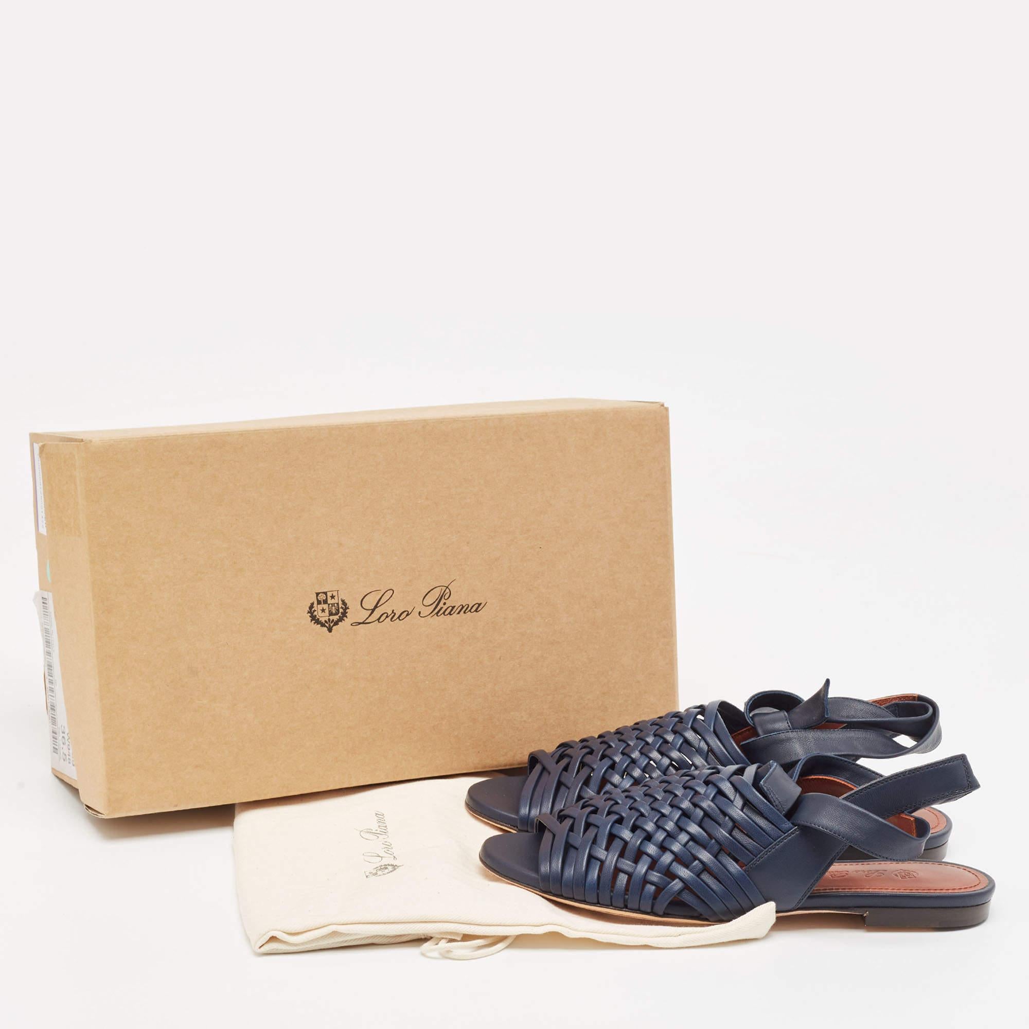 Women's Loro Piana Blue Woven Leather Slingback Flat Sandals Size 36.5 For Sale