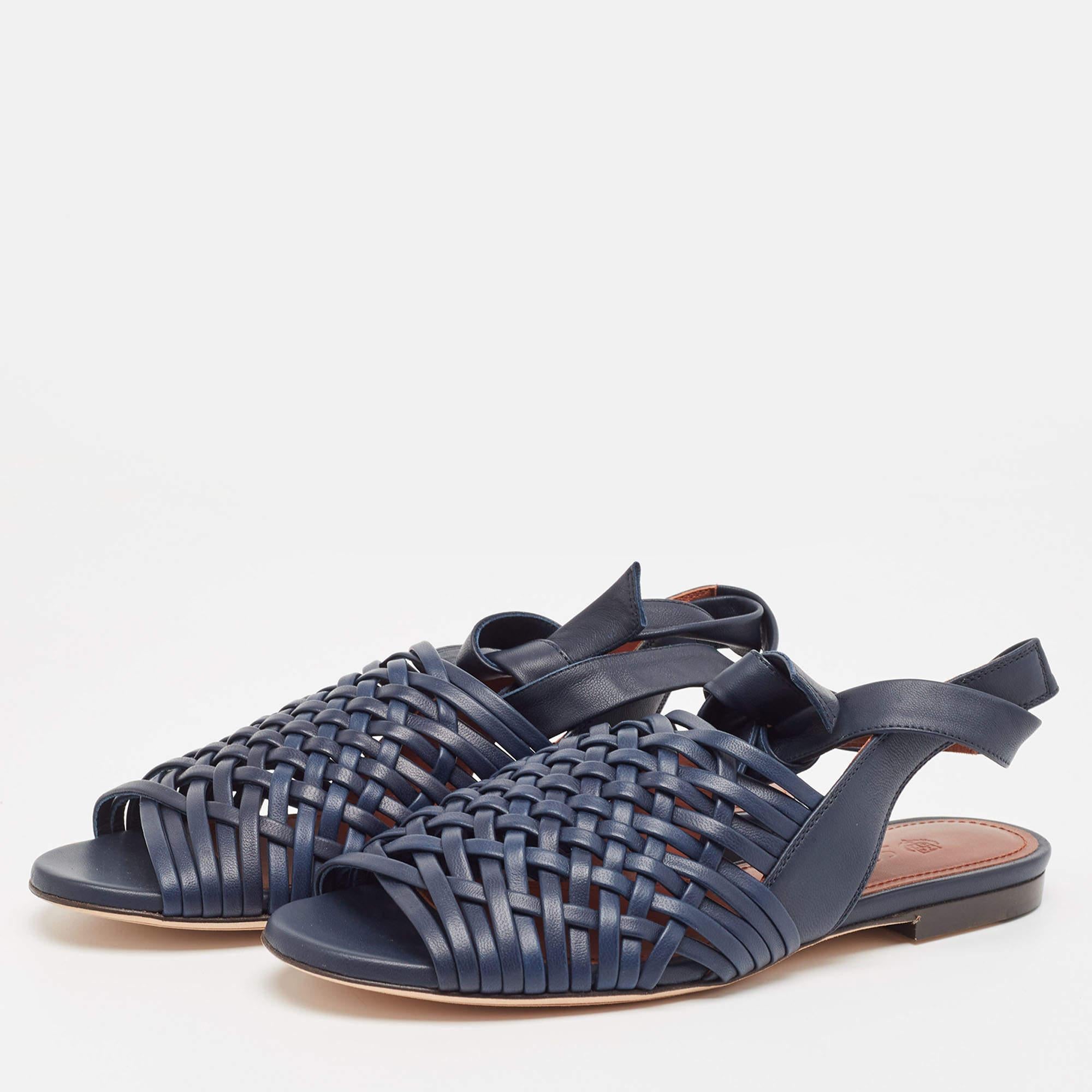 Loro Piana Blue Woven Leather Slingback Flat Sandals Size 36.5 For Sale 2