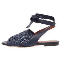 Loro Piana Blaue flache Sandalen aus gewebtem Leder mit Slingback Größe 36,5