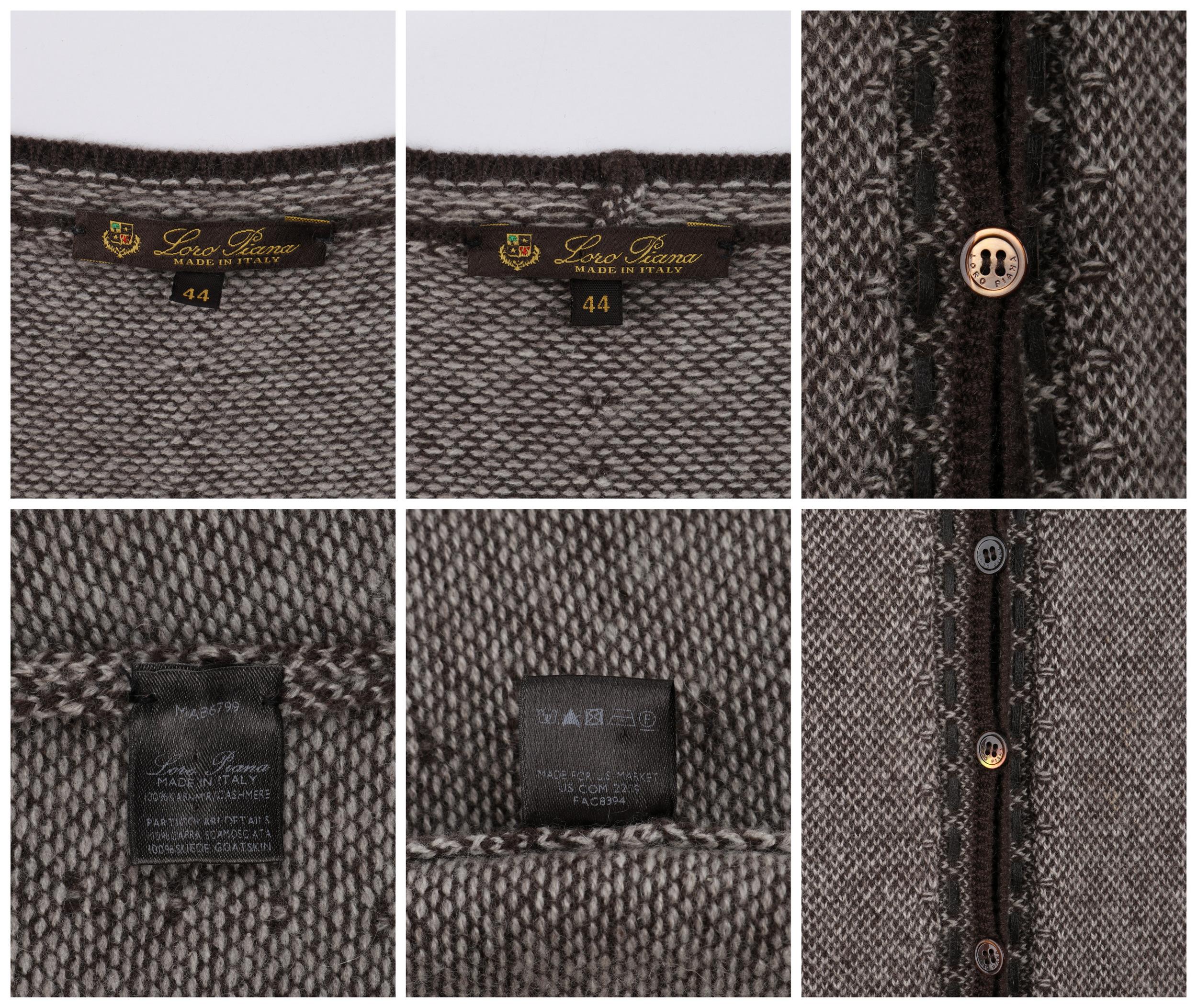LORO PIANA Brown Cashmere Leather Tweed Knit Cardigan Dress Sweater Twin Set 44 3