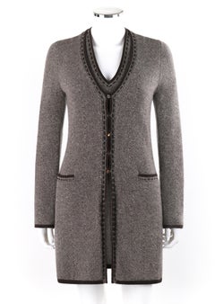 LORO PIANA Brown Cashmere Leather Tweed Knit Cardigan Dress Sweater Twin Set 44