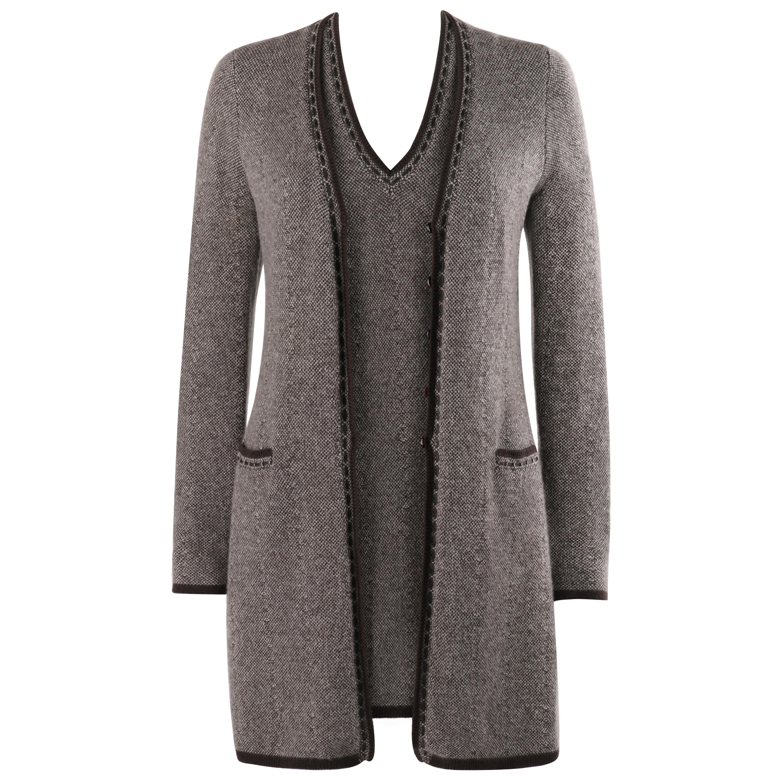 LORO PIANA Brown Cashmere Leather Tweed Knit Cardigan Dress Sweater Twin Set 44