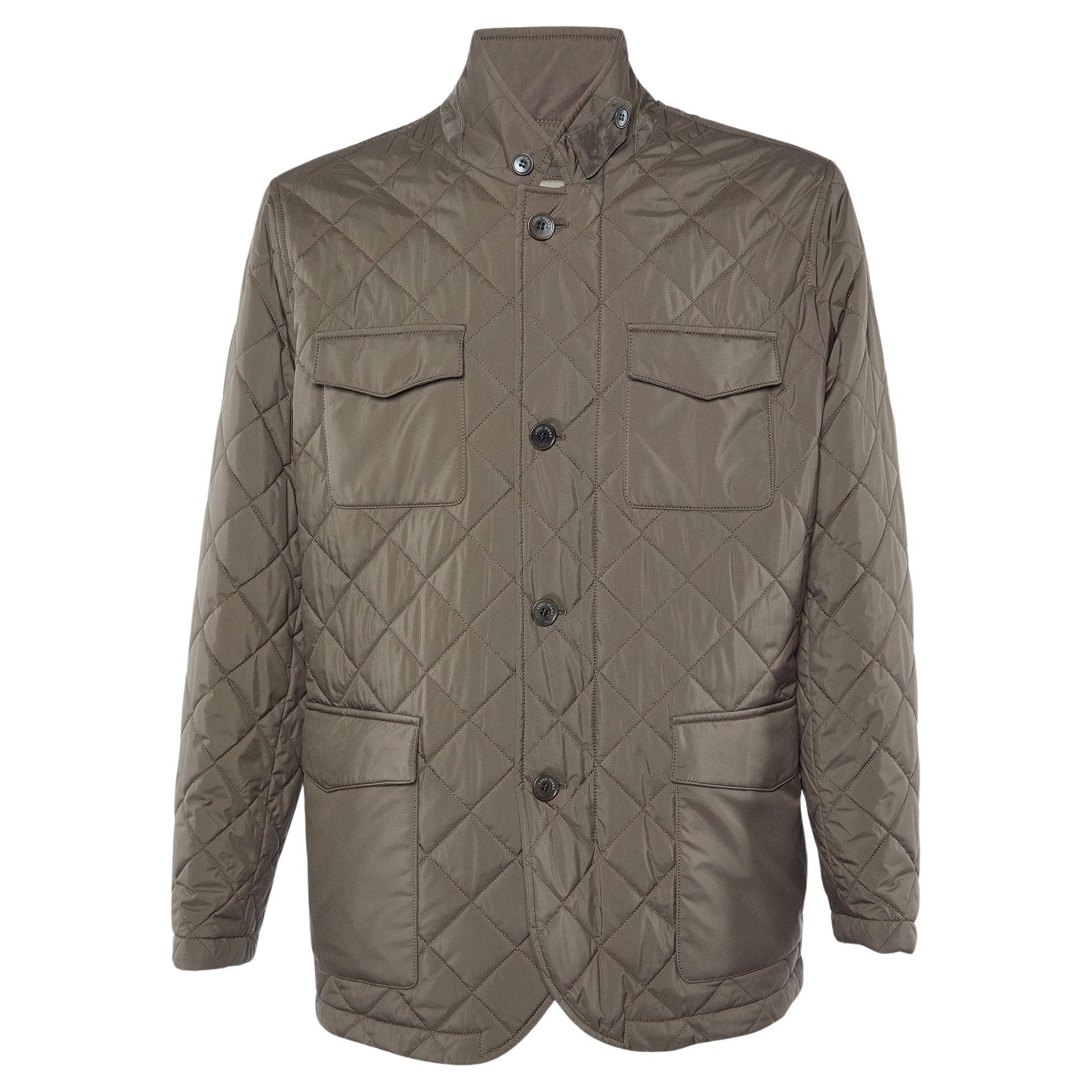 Loro Piana Brown Diamond Quilted Leather Trim Detail Jacket XXL For Sale