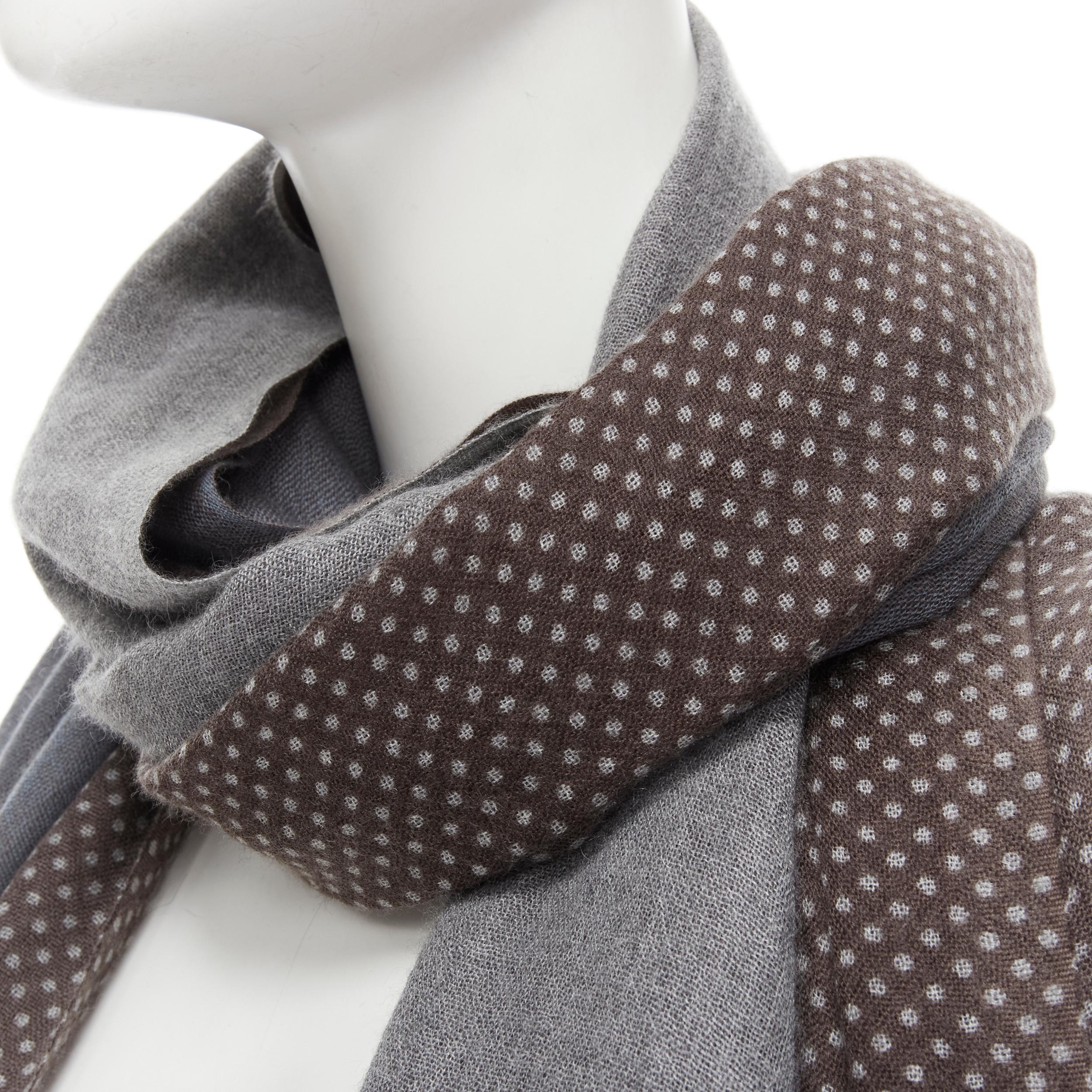 LORO PIANA brown grey color block polka dot frayed hem scarf 
Reference: JNWG/A00006 
Brand: Loro Piana 
Material: Wool 
Color: Grey 
Pattern: Solid 
Extra Detail: Frayed edges. 
Made in: Italy 

CONDITION: 
Condition: Excellent, this item was