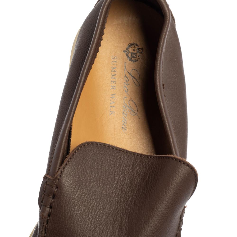 Loro Piana Brown Leather Summer Walk Slip On Loafers Size 45 In Good Condition In Dubai, Al Qouz 2