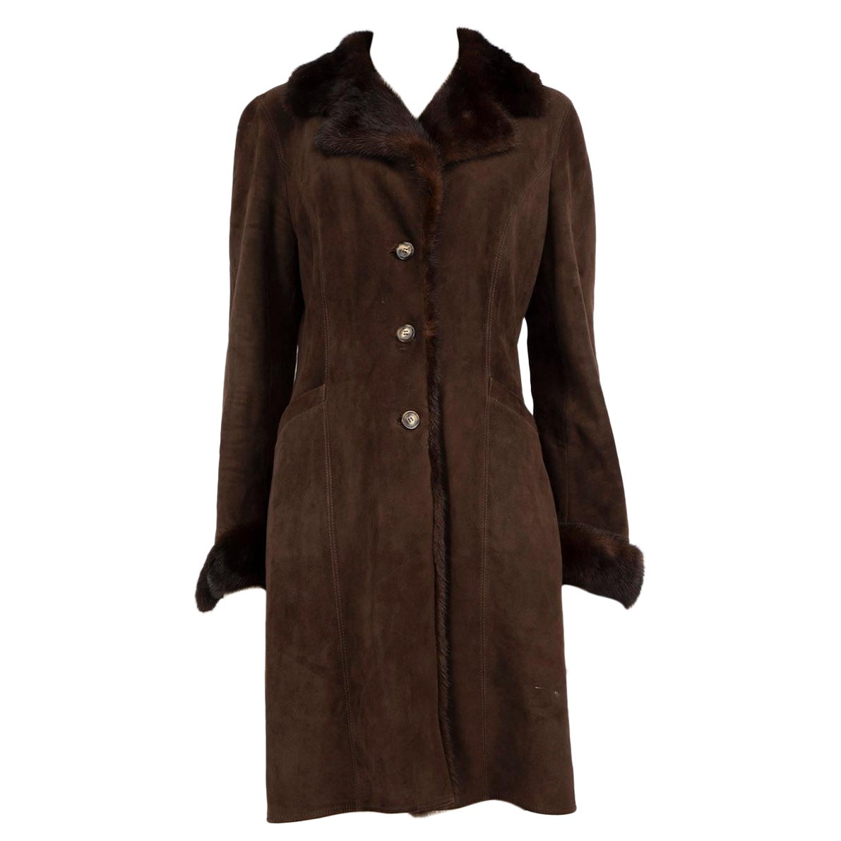 Loro Piana Brown Reindeer Suede Mink Fur Trim Coat Size XL
