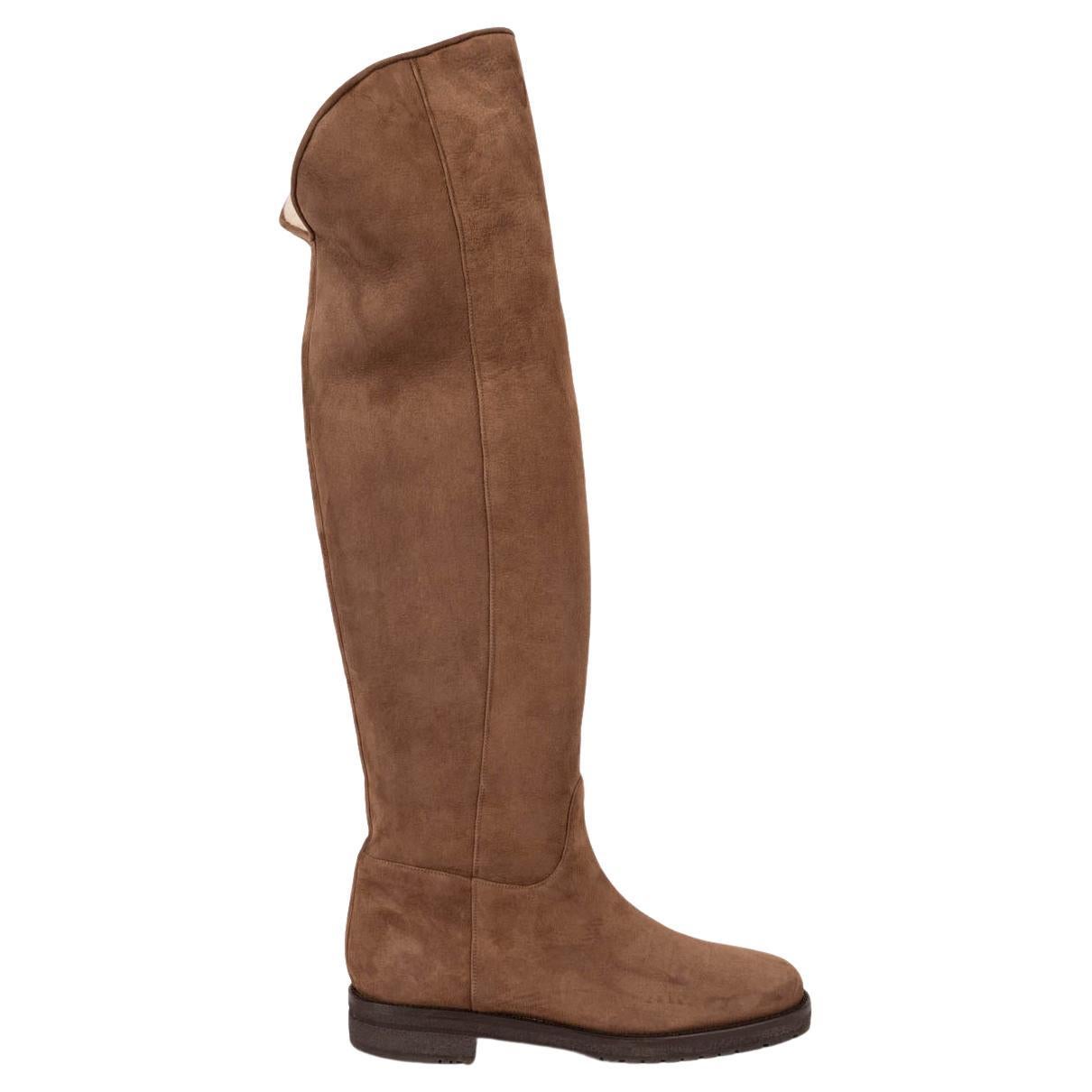Loro Piana brown SHEARLING LINED SUEDE OVER KNEE Boots Shoes 41 en vente