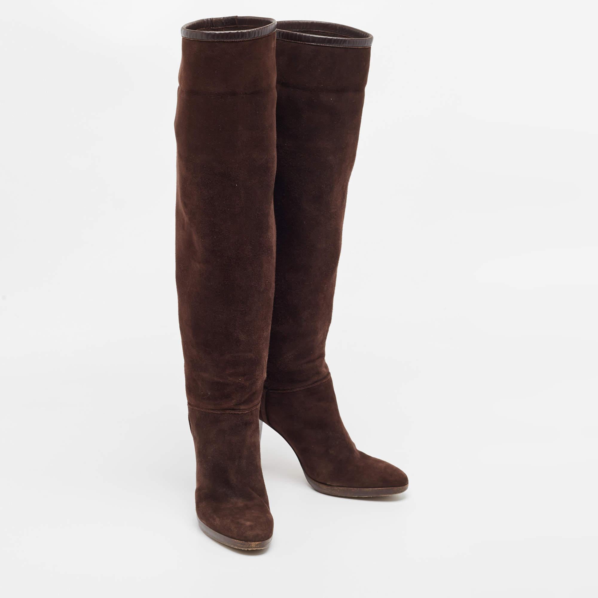 Loro Piana Brown Suede And Leather Knee Length Boots Size 39 In Good Condition In Dubai, Al Qouz 2