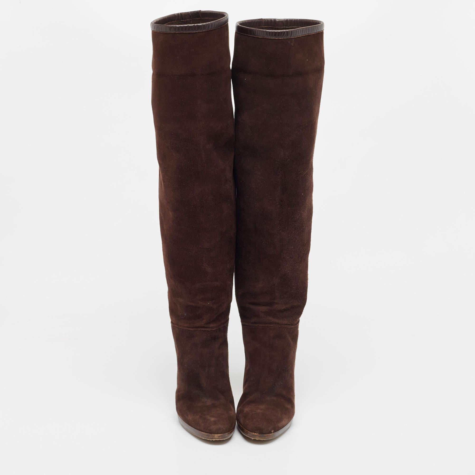 Women's Loro Piana Brown Suede And Leather Knee Length Boots Size 39
