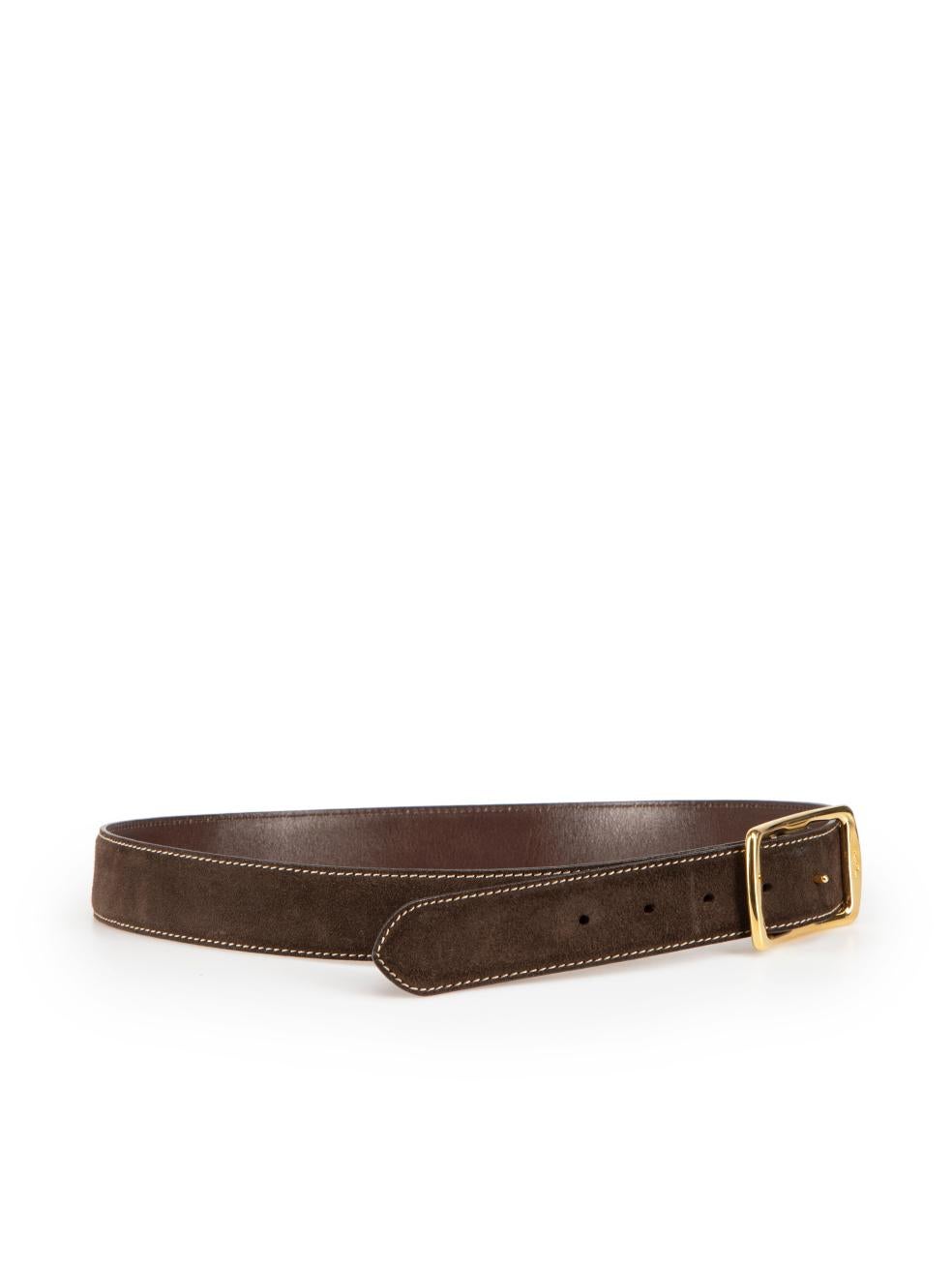 CONDITION is Very good. Minimal wear to belt is evident. Minimal wear to the sixth belt hole with it remaining unpunched and dented on this used Loro Piana designer resale item.

Details
Brown
Suede
Belt
Gold buckle
Contrast stitch
 
Made in Italy