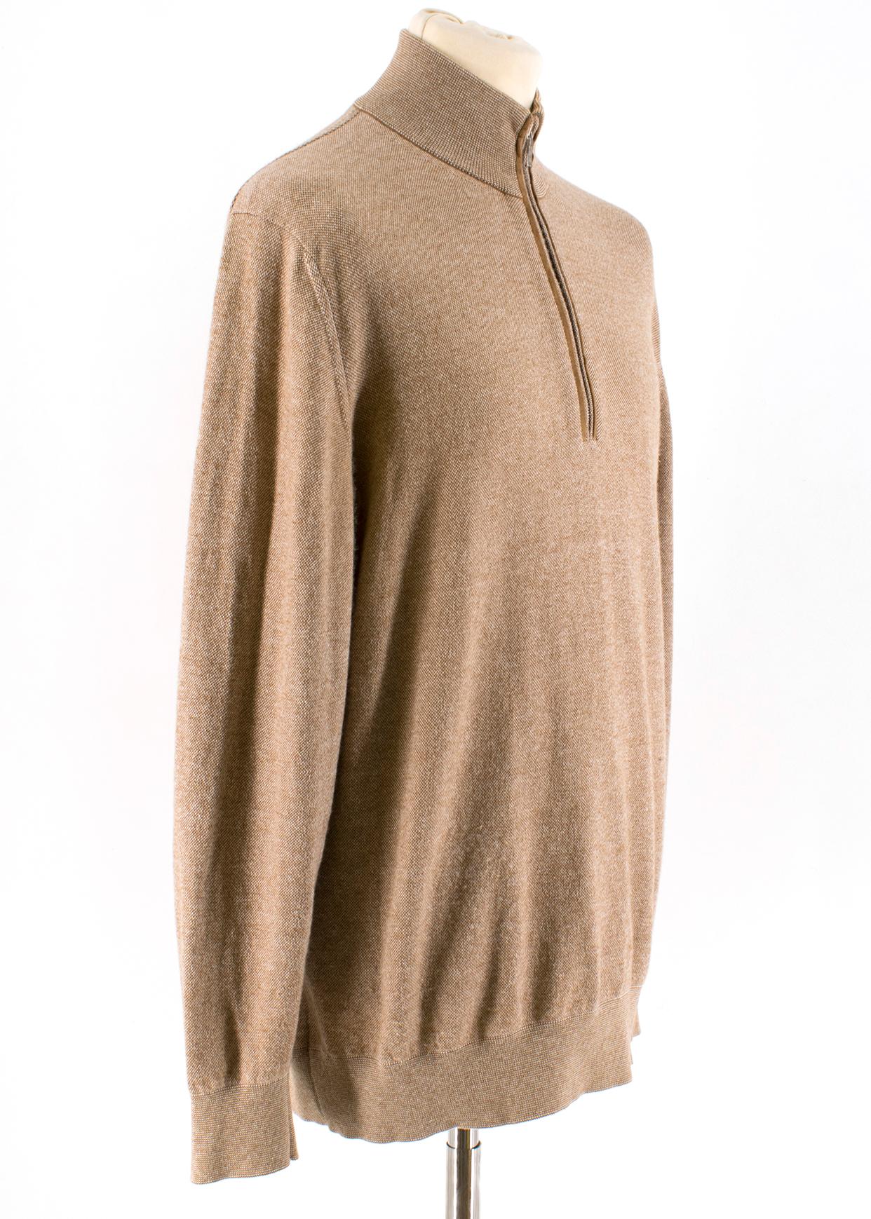Loro Piana Brown Vicuna Baby Cashmere Sweater 

- Brown Cashmere Sweater
- Vicuna Baby Cashmere Blend 
- Zip fastening closure neck 
- Collar is 100% Suede Goatskin

Please note, these items are pre-owned and may show some signs of storage, even