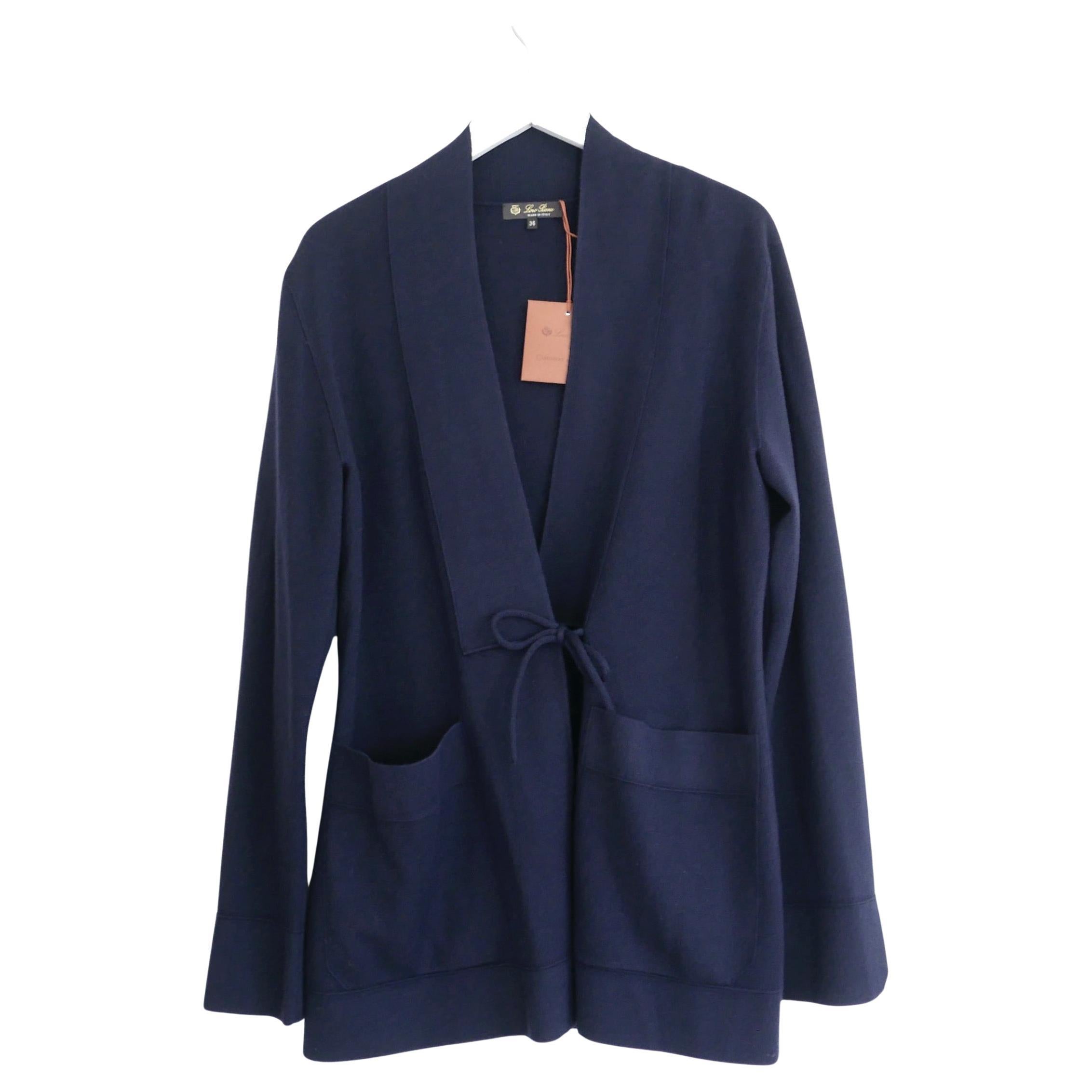 Giacca cardigan Loro Piana Burford Navy in cashmere e seta, con lacci e lacciuoli in vendita