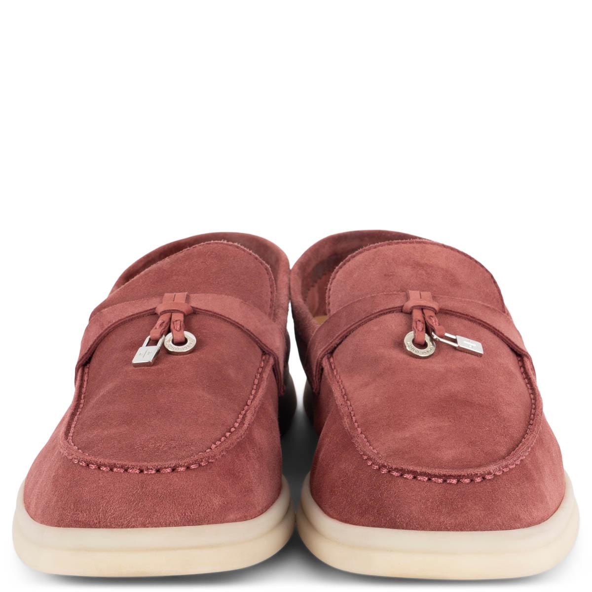 100% authentic Loro Piana Summer Walk loafers in dusty burgundy suede with silver-tone logo charms. Have been worn once or twice and are in excellent condition. Come with dust bags. 

Measurements
Model	FAL5899
Imprinted Size	38.5
Shoe