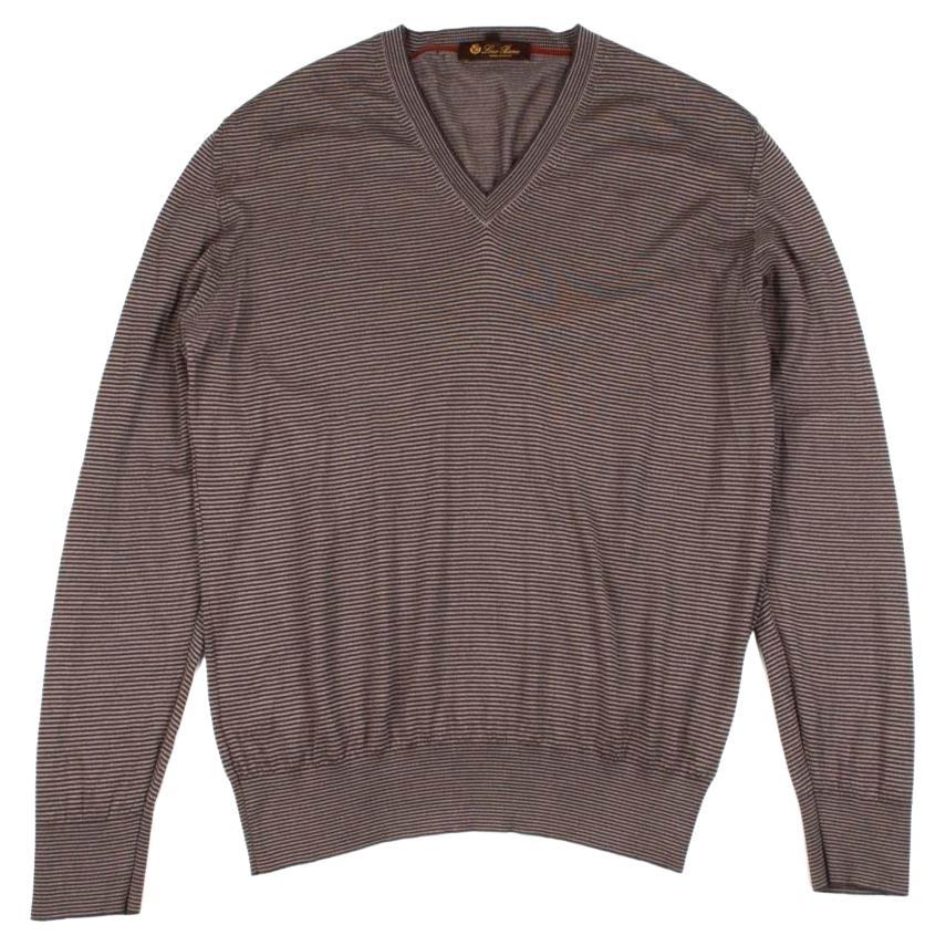 Loro Piana Cashmere Silk Striped V-Neck Pullover Men Sweater Size 52, S183 For Sale