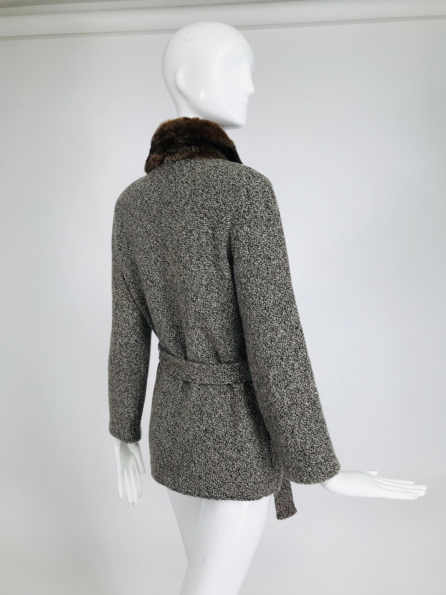 Gray Loro Piana Cashmere Tweed Belted Sweater Jacket with a Chinchilla Collar