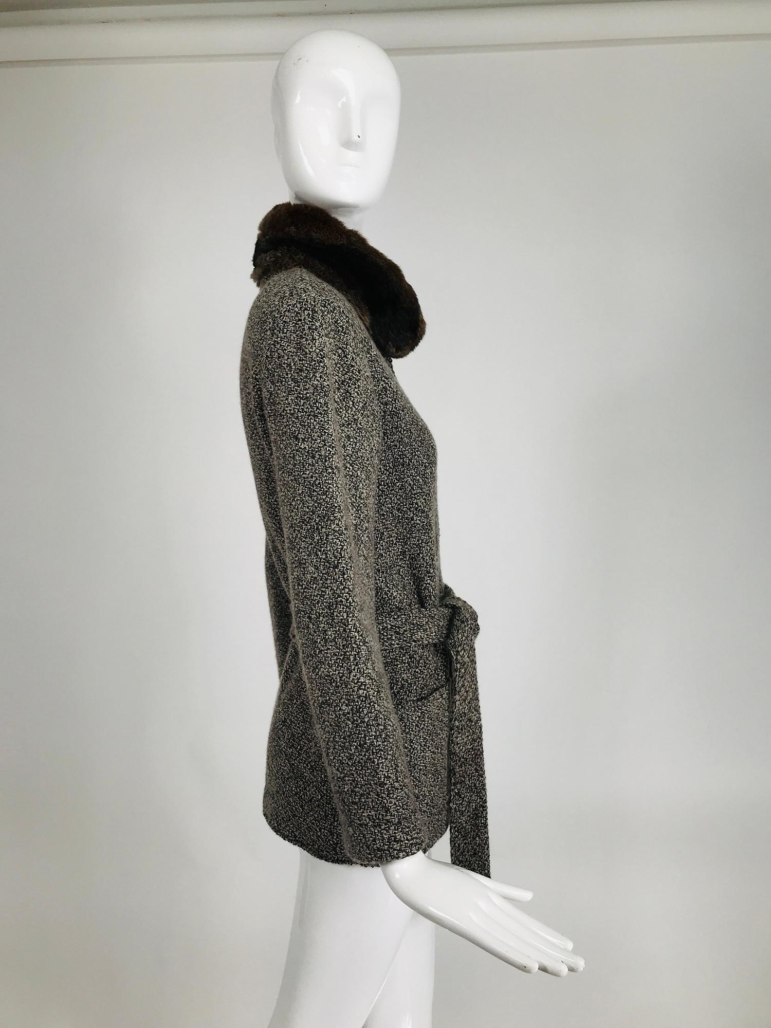 Women's Loro Piana Cashmere Tweed Belted Sweater Jacket with a Chinchilla Collar