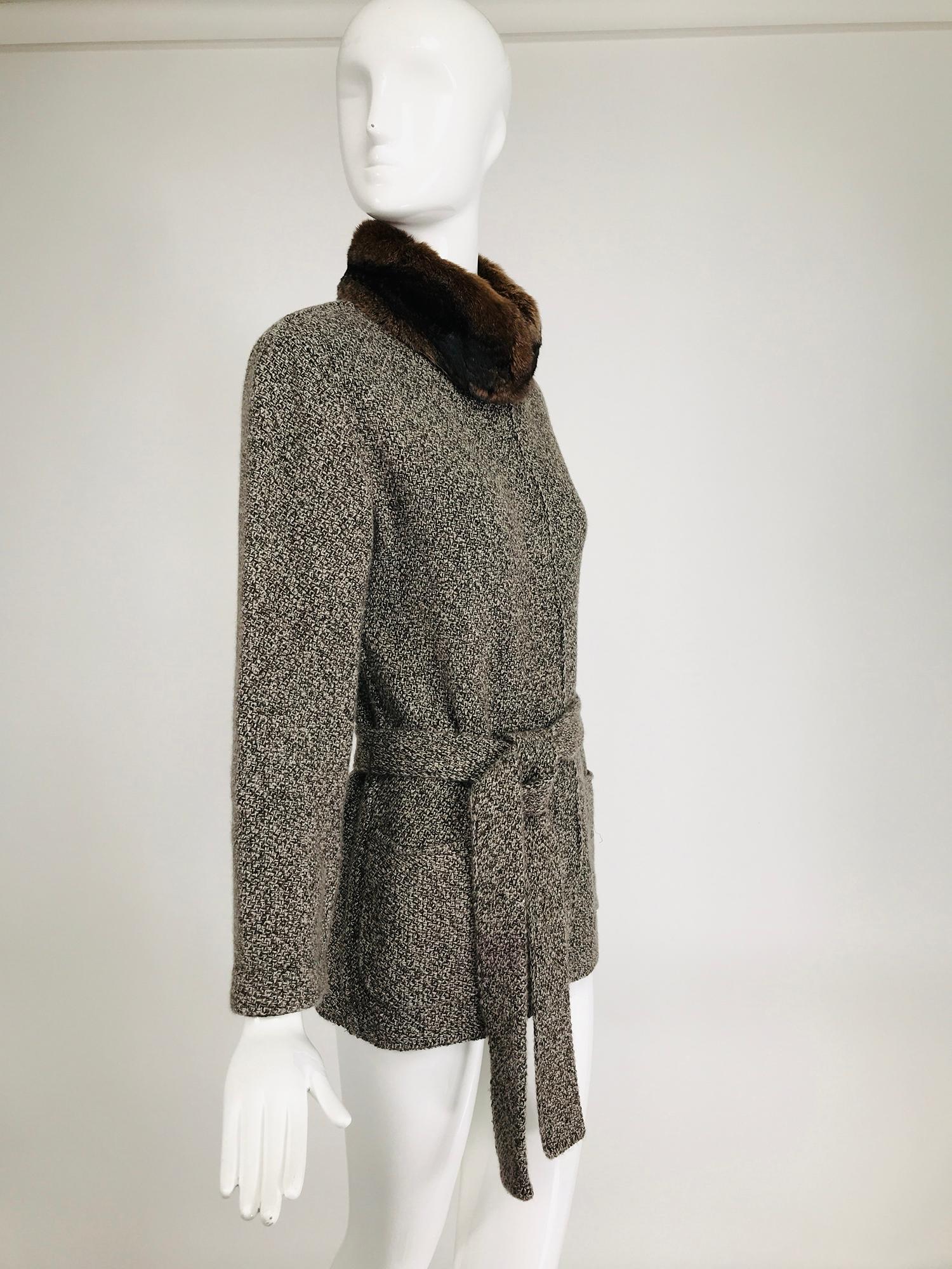 Loro Piana Cashmere Tweed Belted Sweater Jacket with a Chinchilla Collar 1