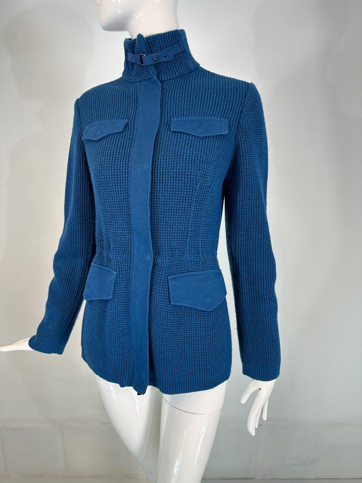 Loro Piana Chunky Knit Marine Blue Cashmere Linen Silk Cardigan Sweater 40 10