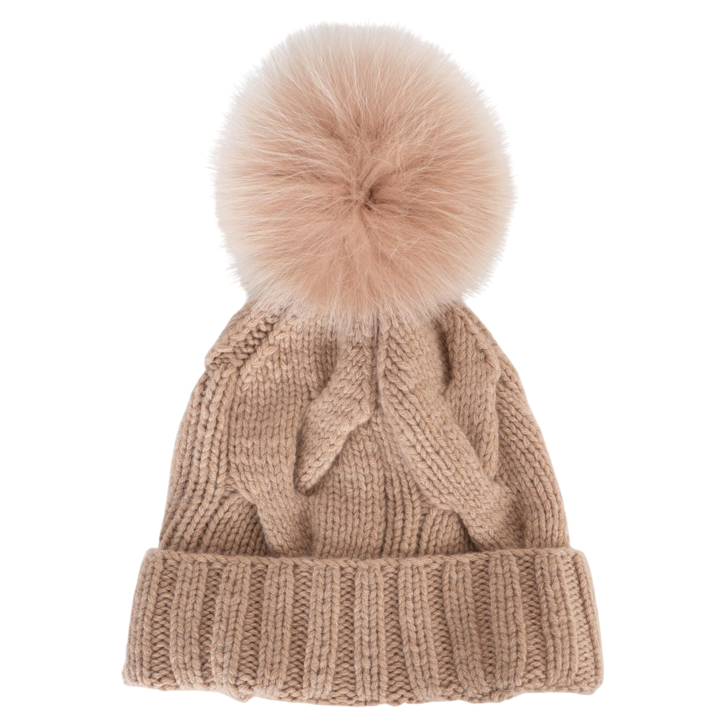 LORO PIANA Cinnamon Roll pink cashmere FUR POMPOM Beanie Hat OS For Sale