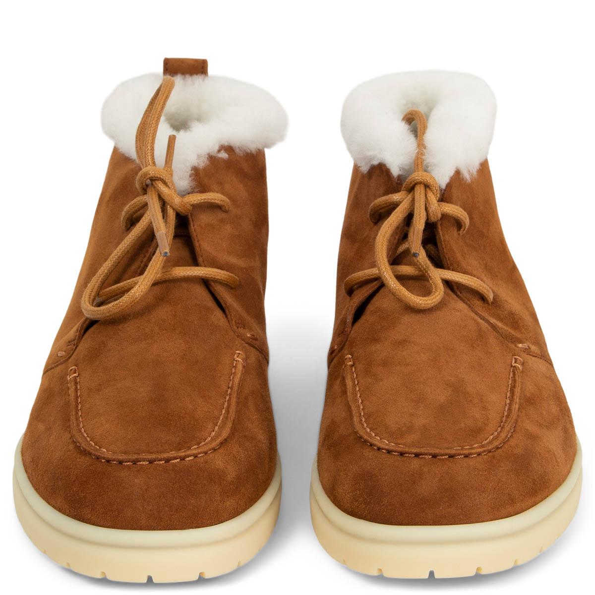 100% authentic Loro Piana Open Walk lace-up ankle boots in camel suede and off-white full shearling lining featuring light yellow rubber sole. Brand new. 

Measurements
Imprinted Size	39
Shoe Size	39
Inside Sole	26cm (10.1in)
Width	8cm (3.1in)

All