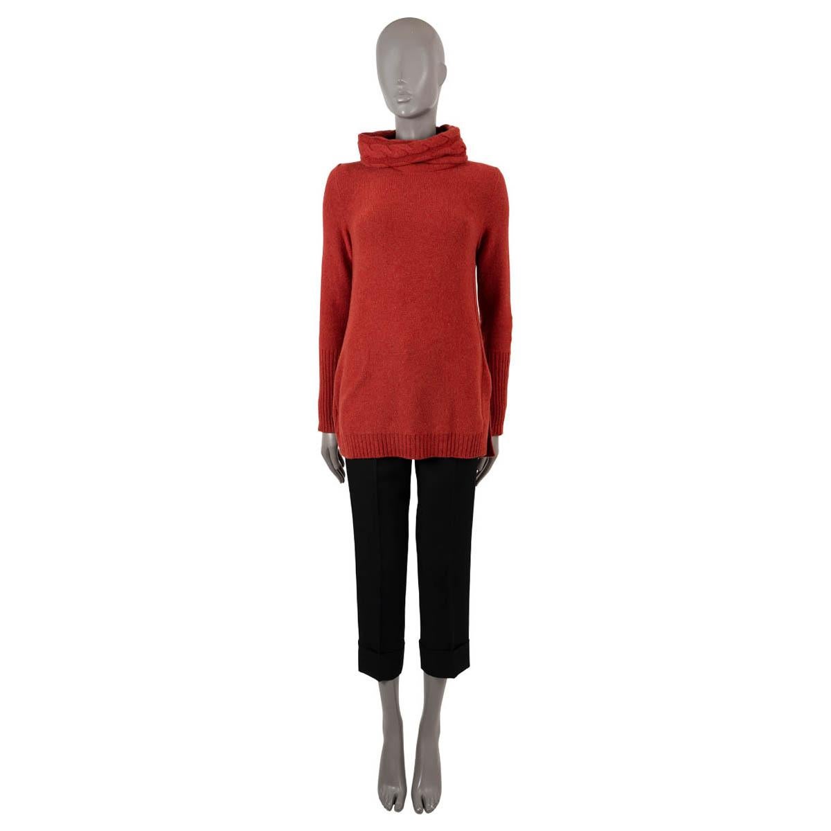 100% authentic Loro Piana Kimberley sweater in coral red baby cashmere (100%). Features a cable-knit cowl neck, split sides, long rib knit cuffs and hem. Unlined. Has been worn and is in excellent condition.

Measurements
Tag Size	40
Size	S
Shoulder