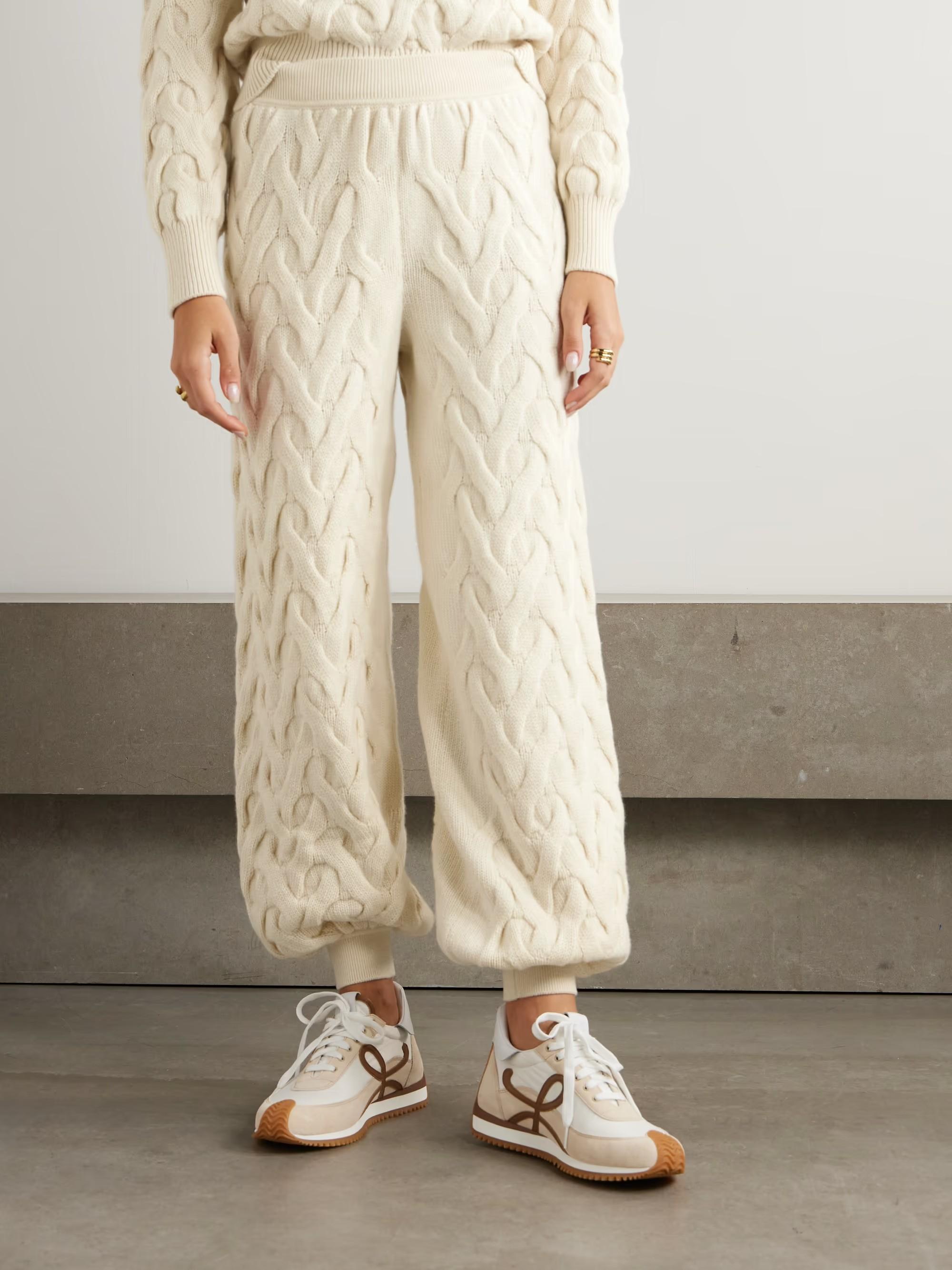 LORO PIANA cream cashmere 2024 CABLE KNIT TRACK Pants S For Sale 1