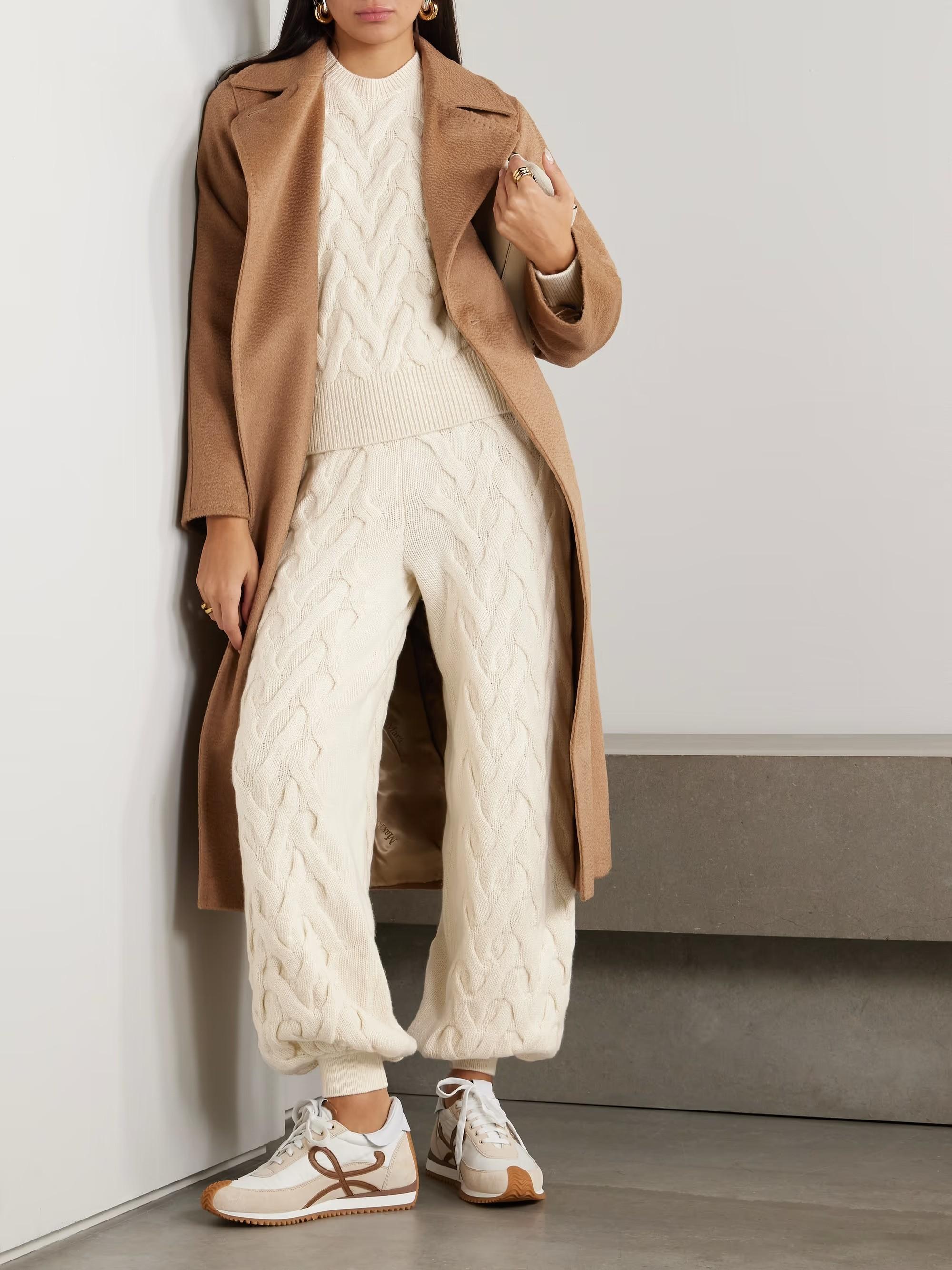 LORO PIANA cream cashmere 2024 CABLE KNIT TRACK Pants S For Sale 2