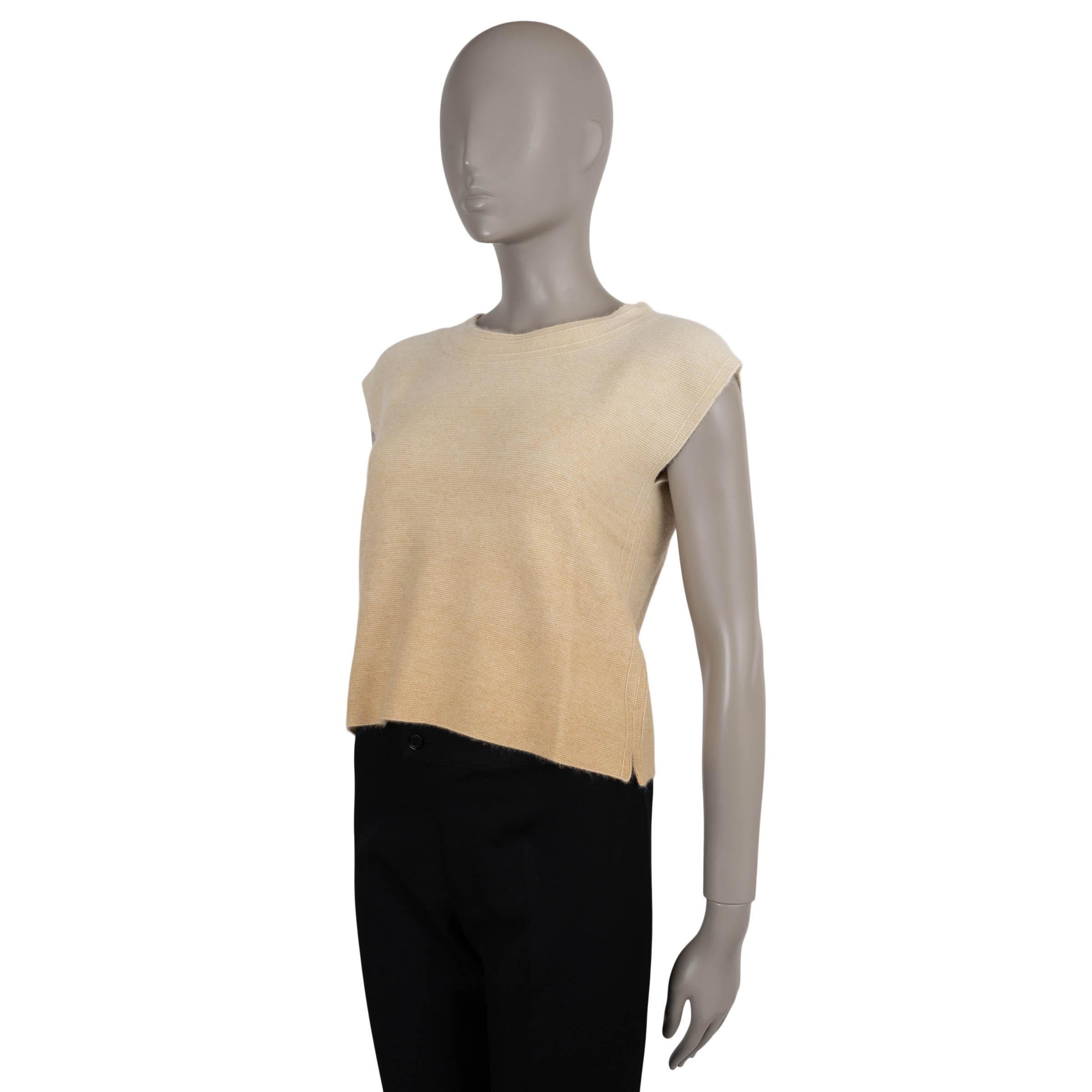 This 100% authentic Loro Piana sleeveless top is crafted in gradient cream to beige double knit jersey cashmere (60%) and silk (40%). Designed with a relaxed silhouette, it features a round neckline and subtle cap sleeves for an effortlessly refined