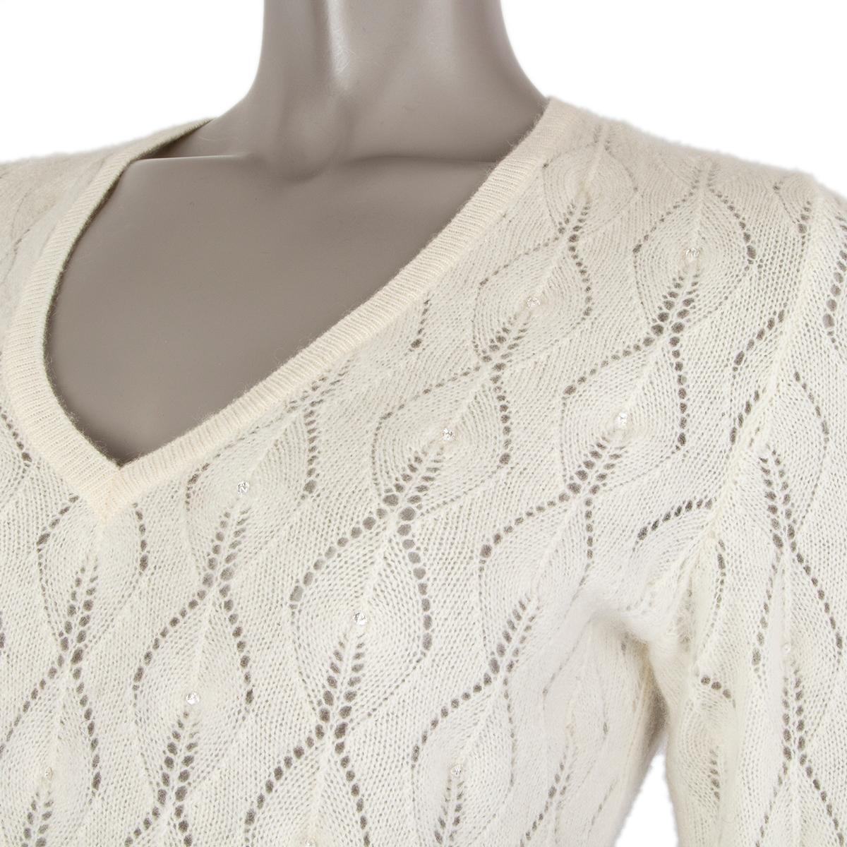 Women's LORO PIANA cream white cashmere EMBELLISHED V-NECK Sweater 44 L