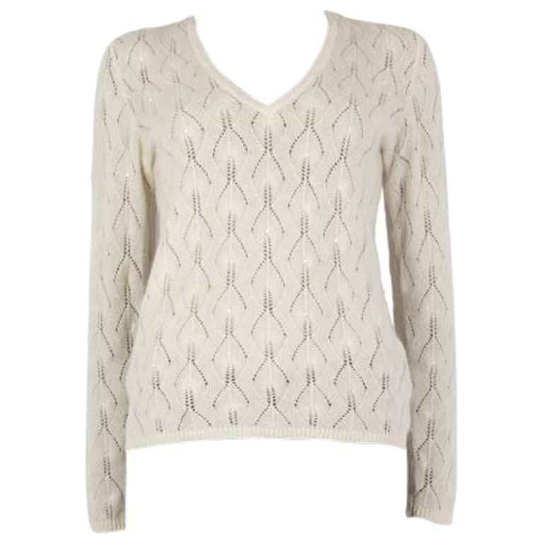 LORO PIANA cream white cashmere EMBELLISHED V-NECK Sweater 44 L