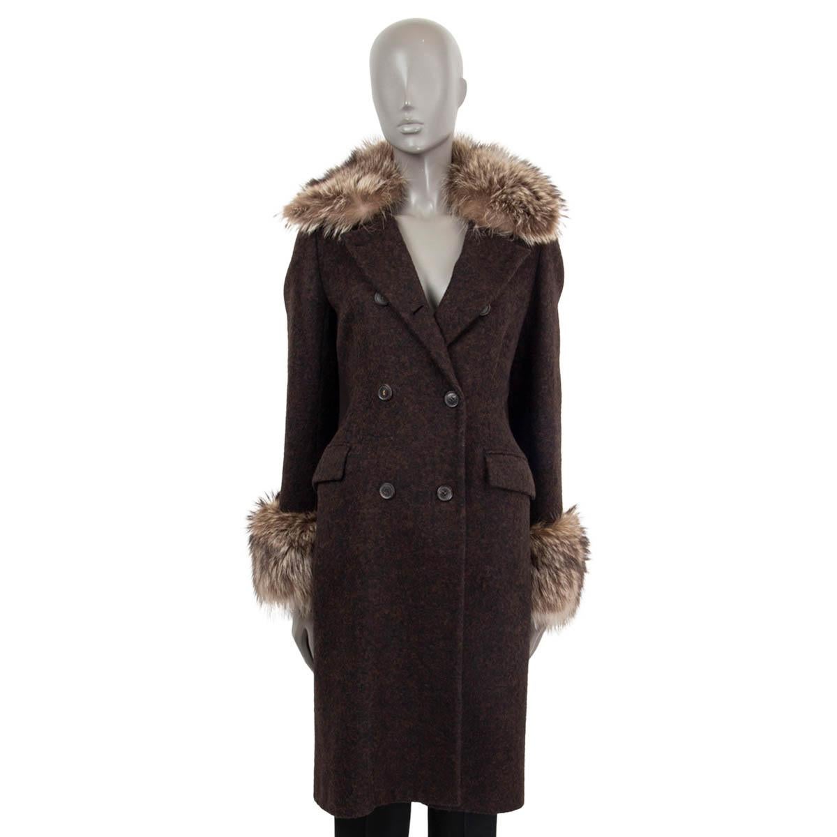 LORO PIANA dark brown & black alpaca FUR TRIM DOUBLE BREASTED Coat Jacket 40 S For Sale