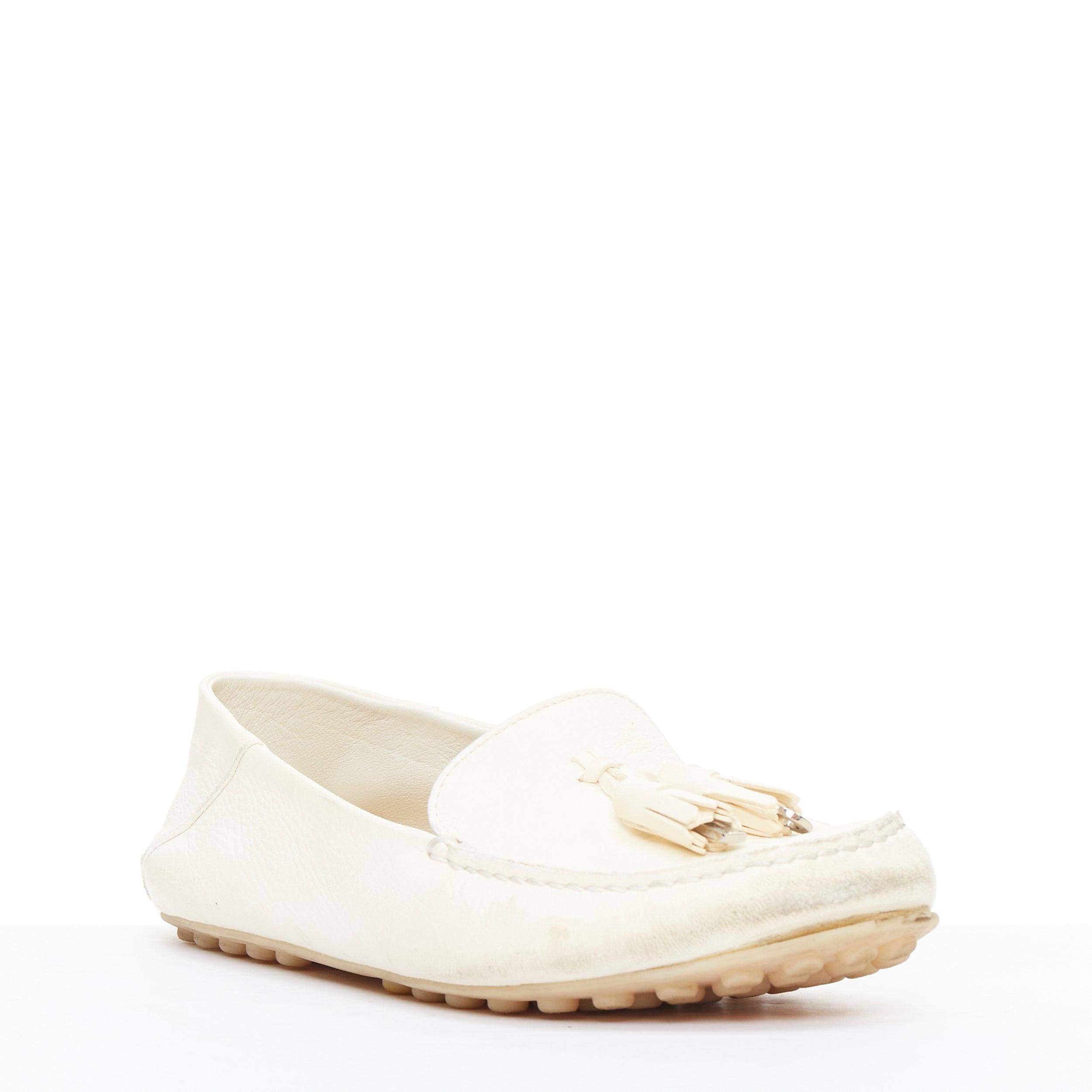 White LORO PIANA Dot Sole Walk cream leather tassel mocassins driver loafer EU36.5 For Sale