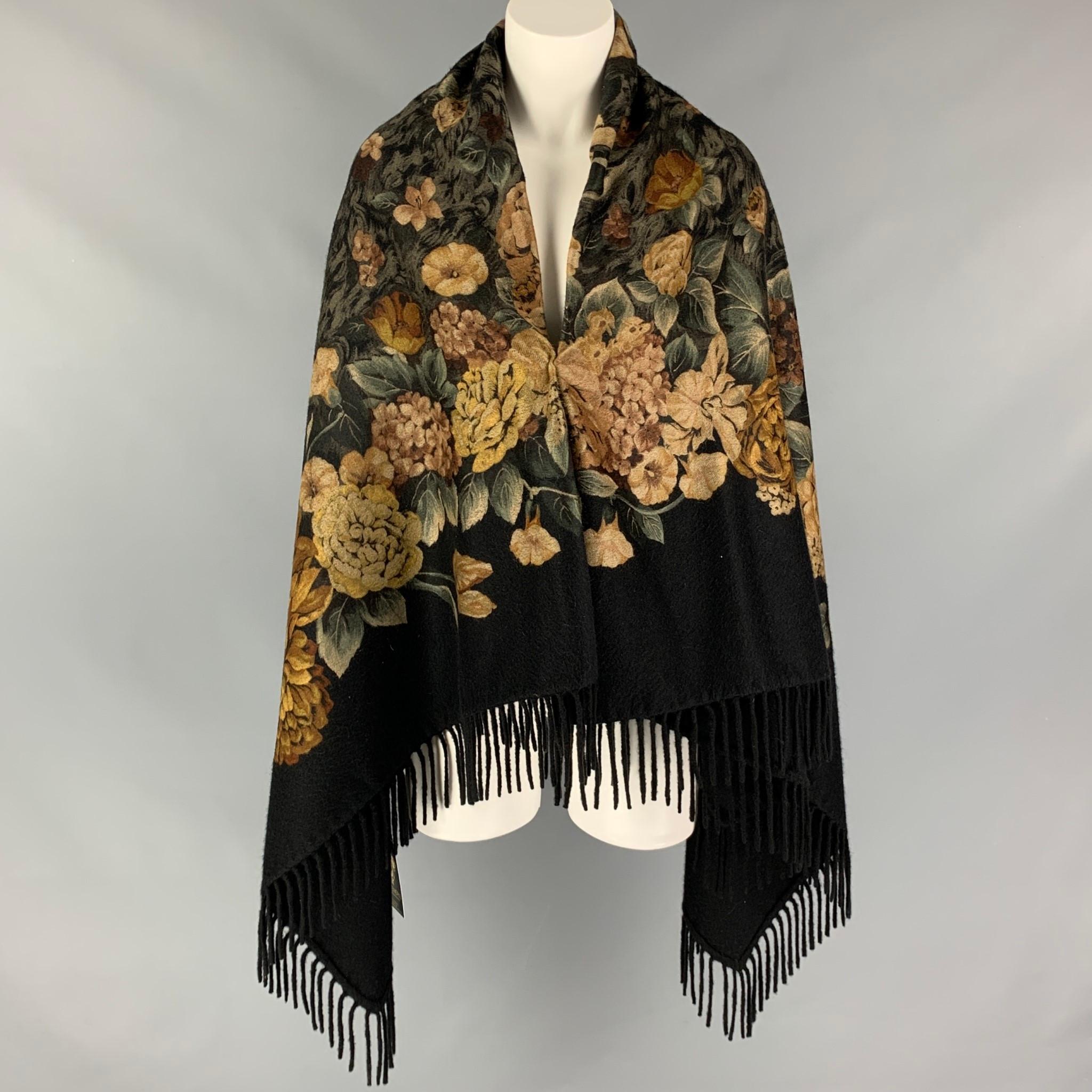 LORO PIANA for NEIMAN MARCUS Black & Beige Floral Cashmere Fringe Scarf In Good Condition In San Francisco, CA