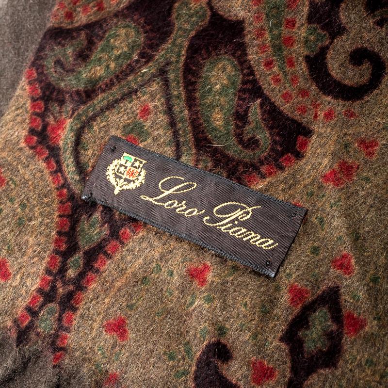 Brown Loro Piana Green Paisley Print Cashmere Fringed Muffler