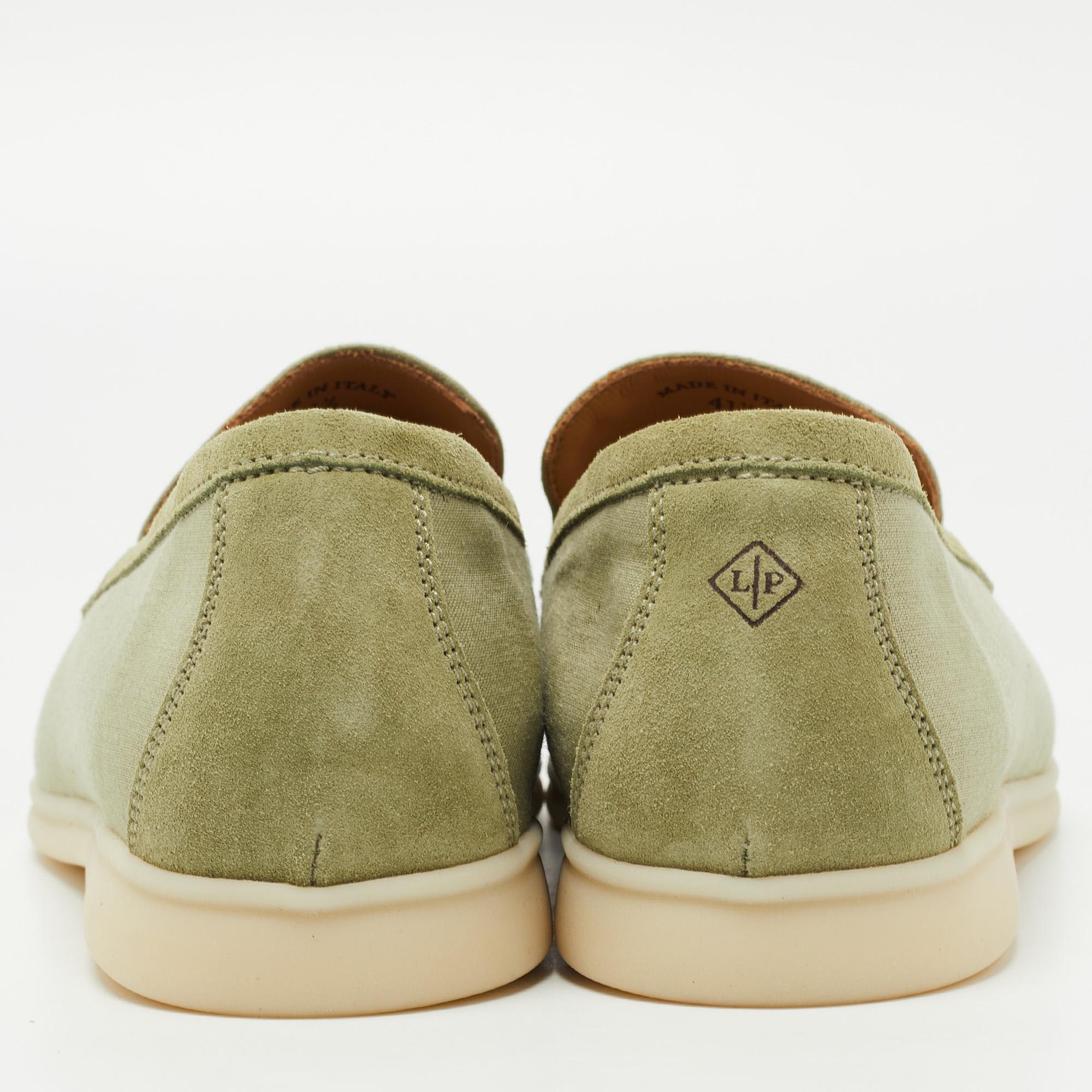 Loro Piana Green Suede and Fabric Summer Walk Loafers Size 41.5 In New Condition In Dubai, Al Qouz 2