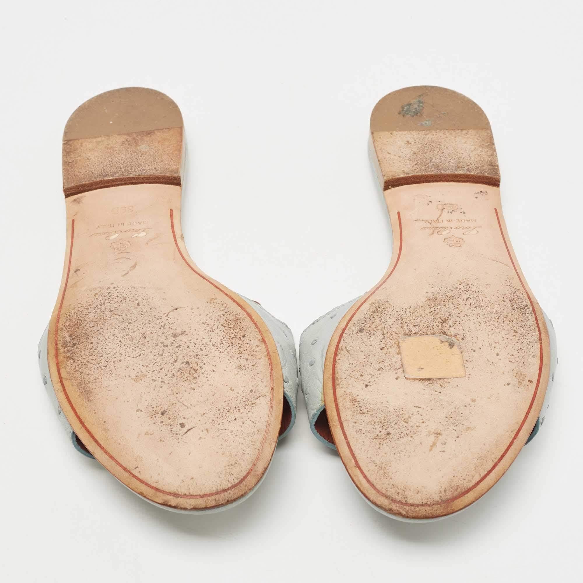 Women's Loro Piana Grey Embossed Ostrich Leather Summer Charms Flat Slides Size 39
