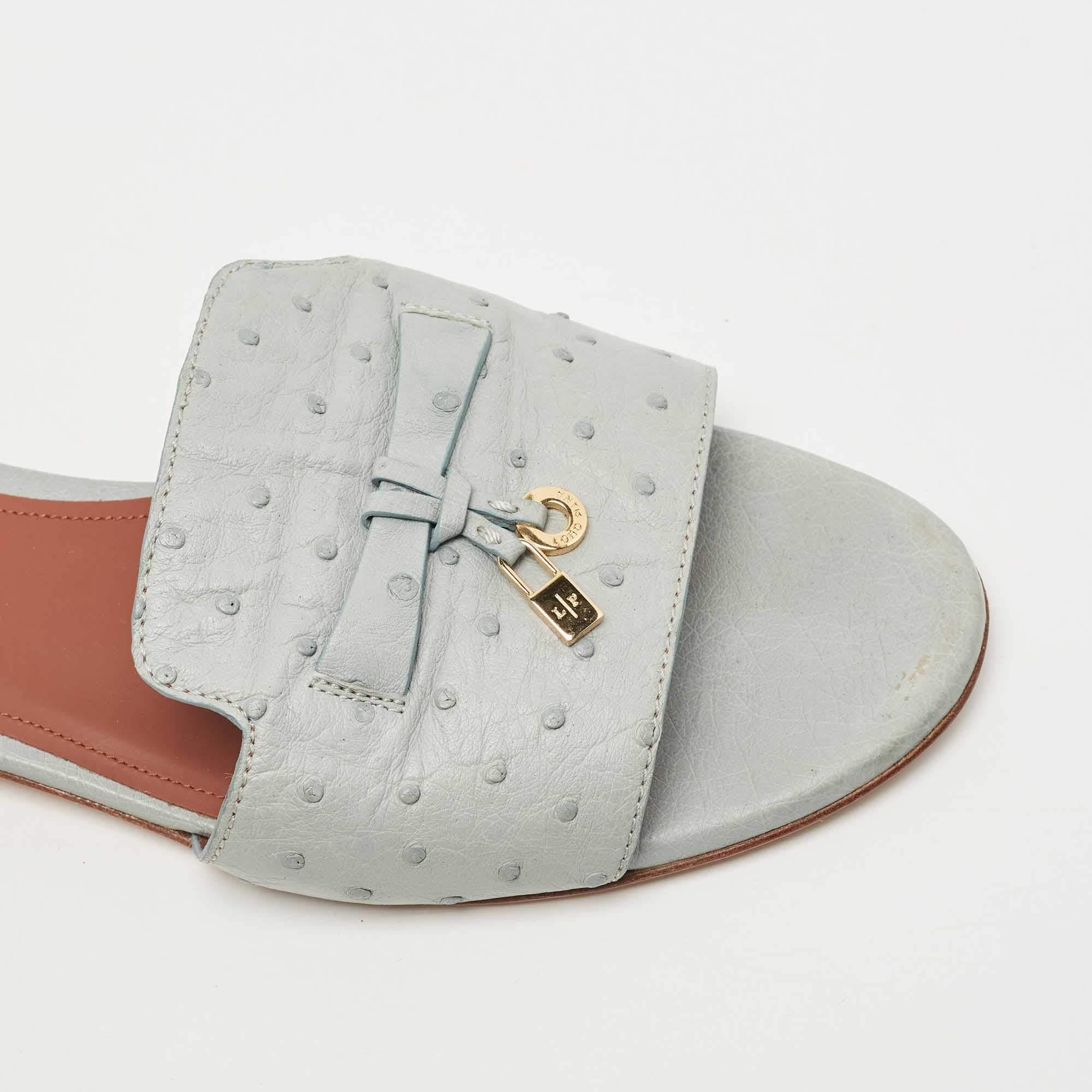 Loro Piana Grey Embossed Ostrich Leather Summer Charms Flat Slides Size 39 1