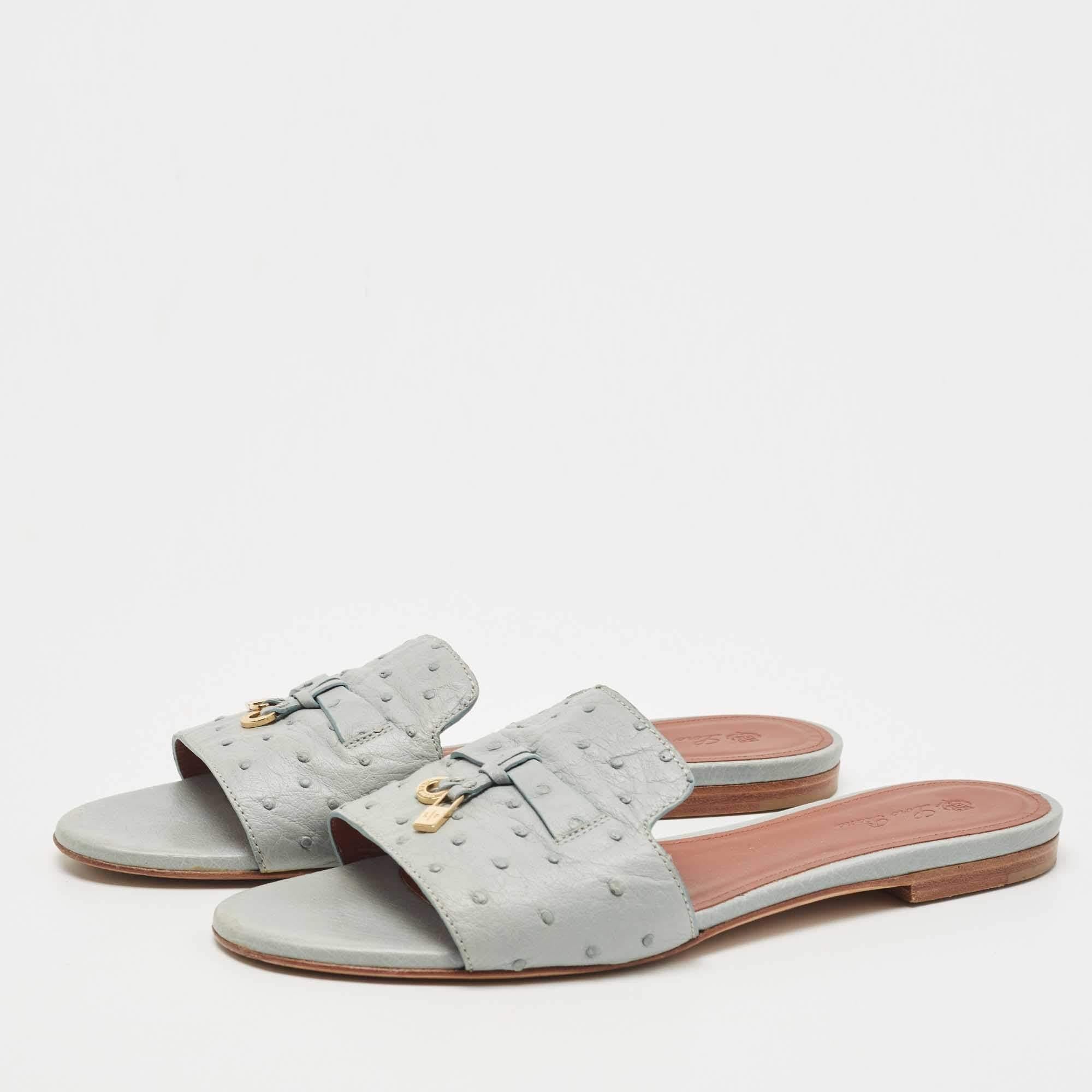 Loro Piana Grey Embossed Ostrich Leather Summer Charms Flat Slides Size 39 2