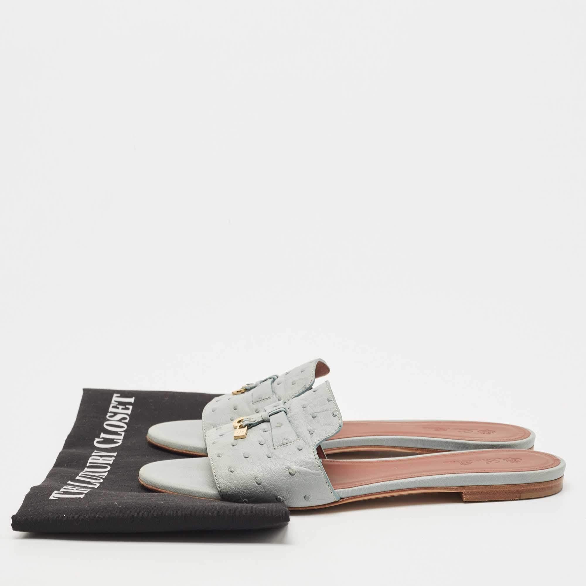 Loro Piana Grey Embossed Ostrich Leather Summer Charms Flat Slides Size 39 5