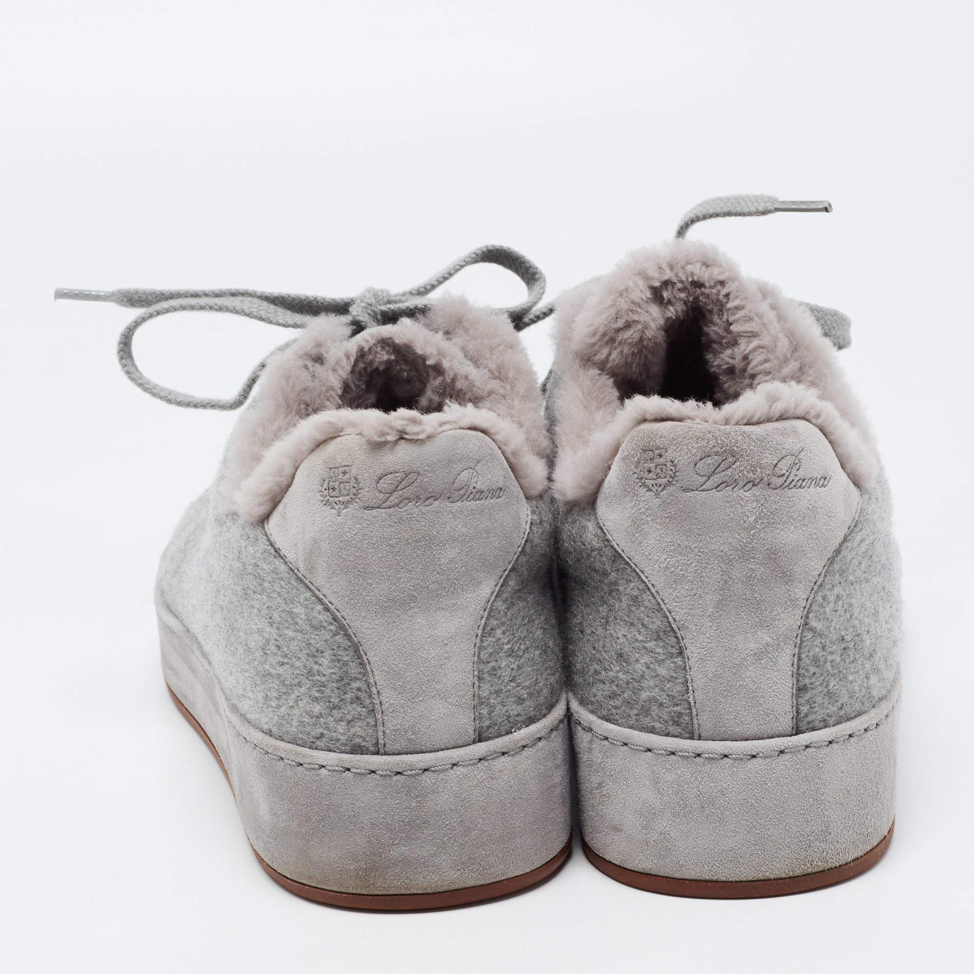 Loro Piana Grey Fabric and Fur Nuages Low Top Sneakers Size 38.5 In Good Condition In Dubai, Al Qouz 2