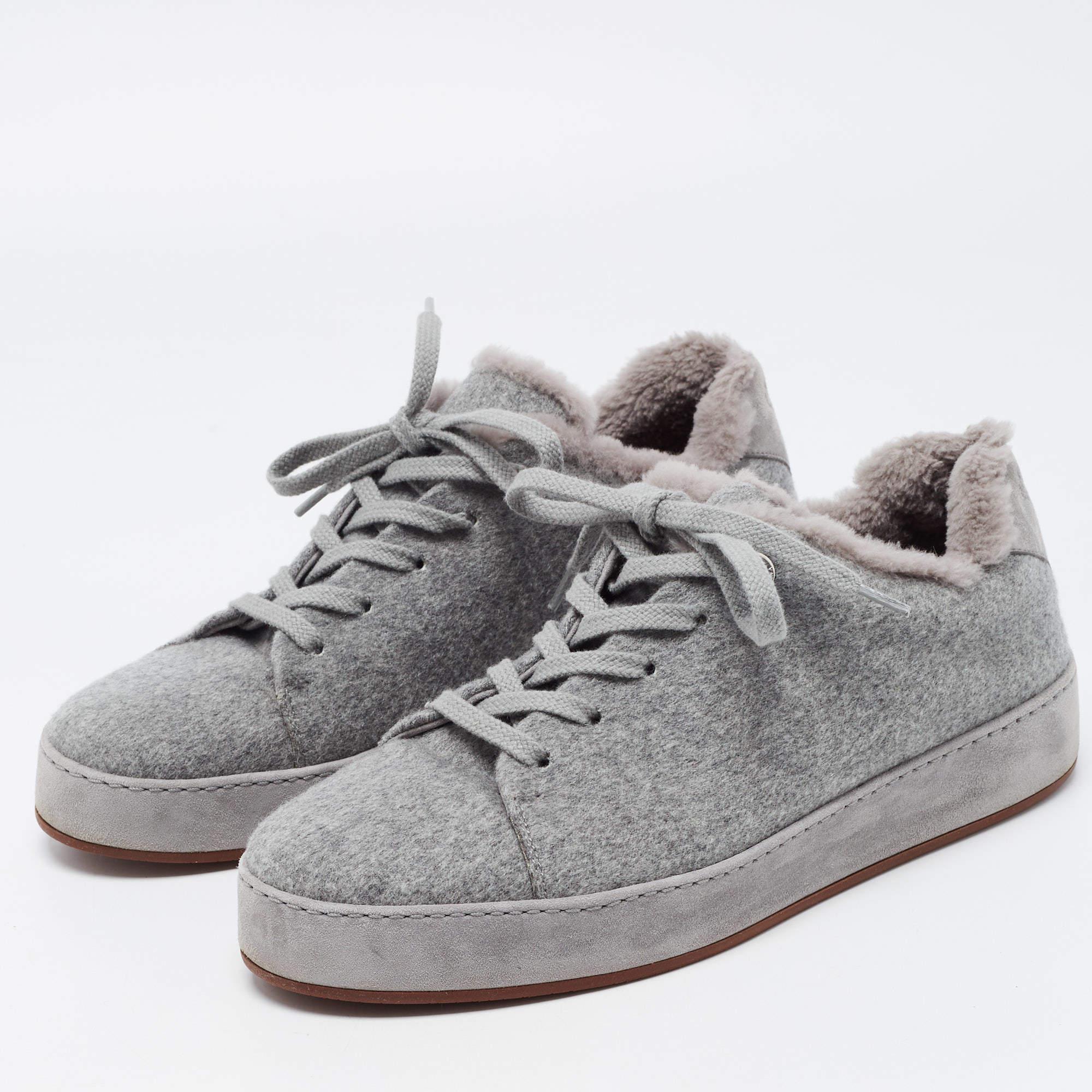 Women's Loro Piana Grey Fabric and Fur Nuages Low Top Sneakers Size 38.5