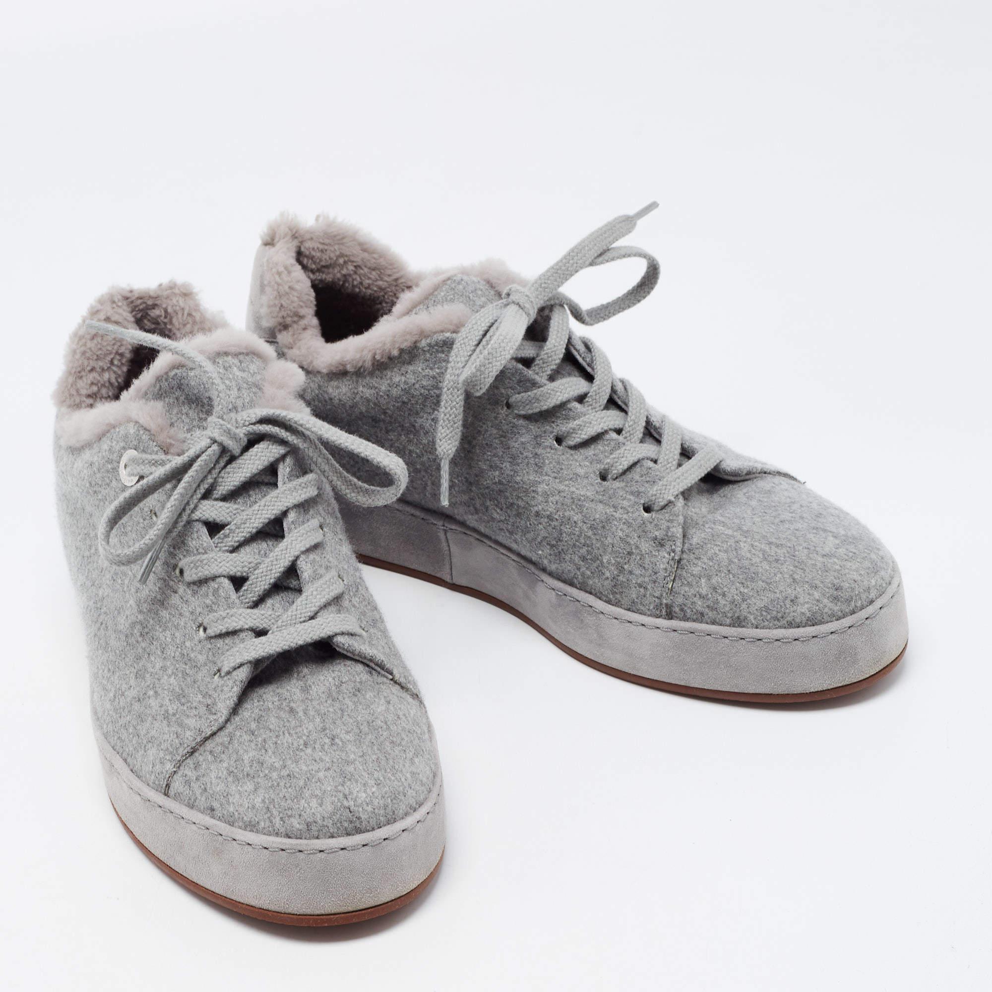 Loro Piana Grey Fabric and Fur Nuages Low Top Sneakers Size 38.5 1