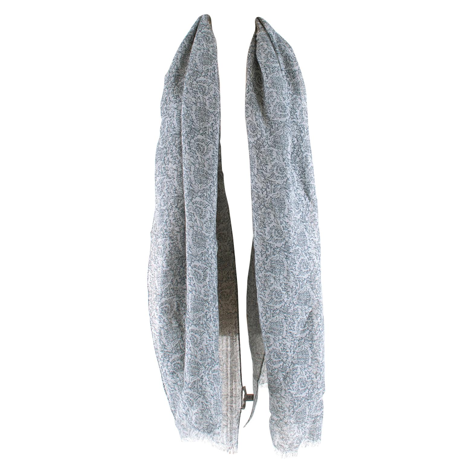 Loro Piana Grey Paisley Fringed Cashmere Scarf	