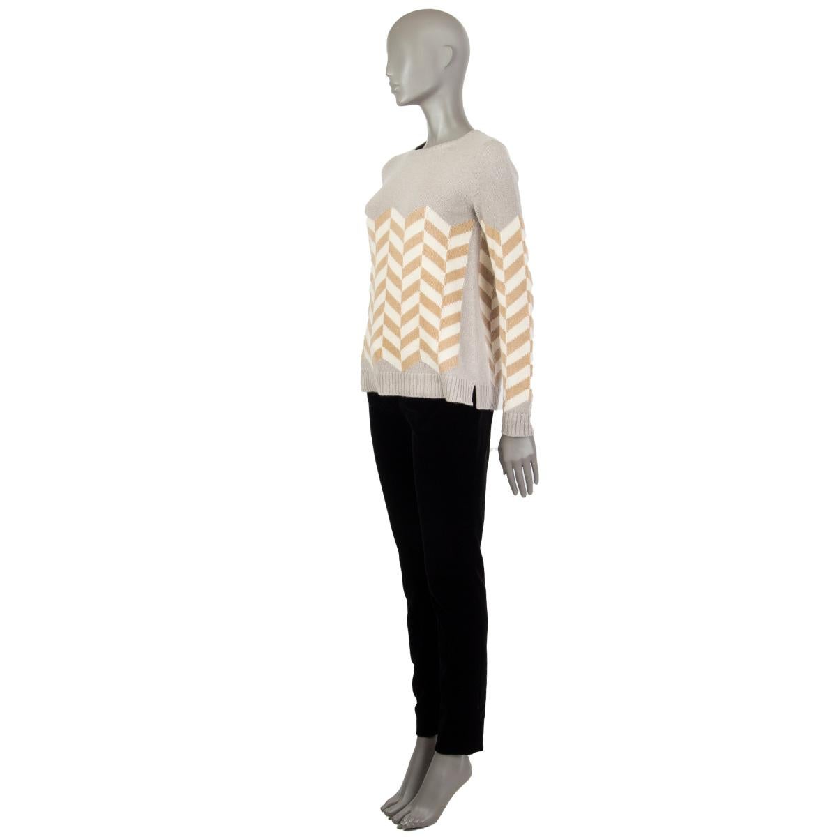 Loro Piana long-sleeve fishbone pattern sweater in light grey, ivory and tan baby cashmere (100%) with a round neck. Unlined. Has been worn and is in excellent condition. 

Tag Size 40
Size S
Shoulder Width 38cm (14.8in)
Bust 84cm (32.8in) to 88cm