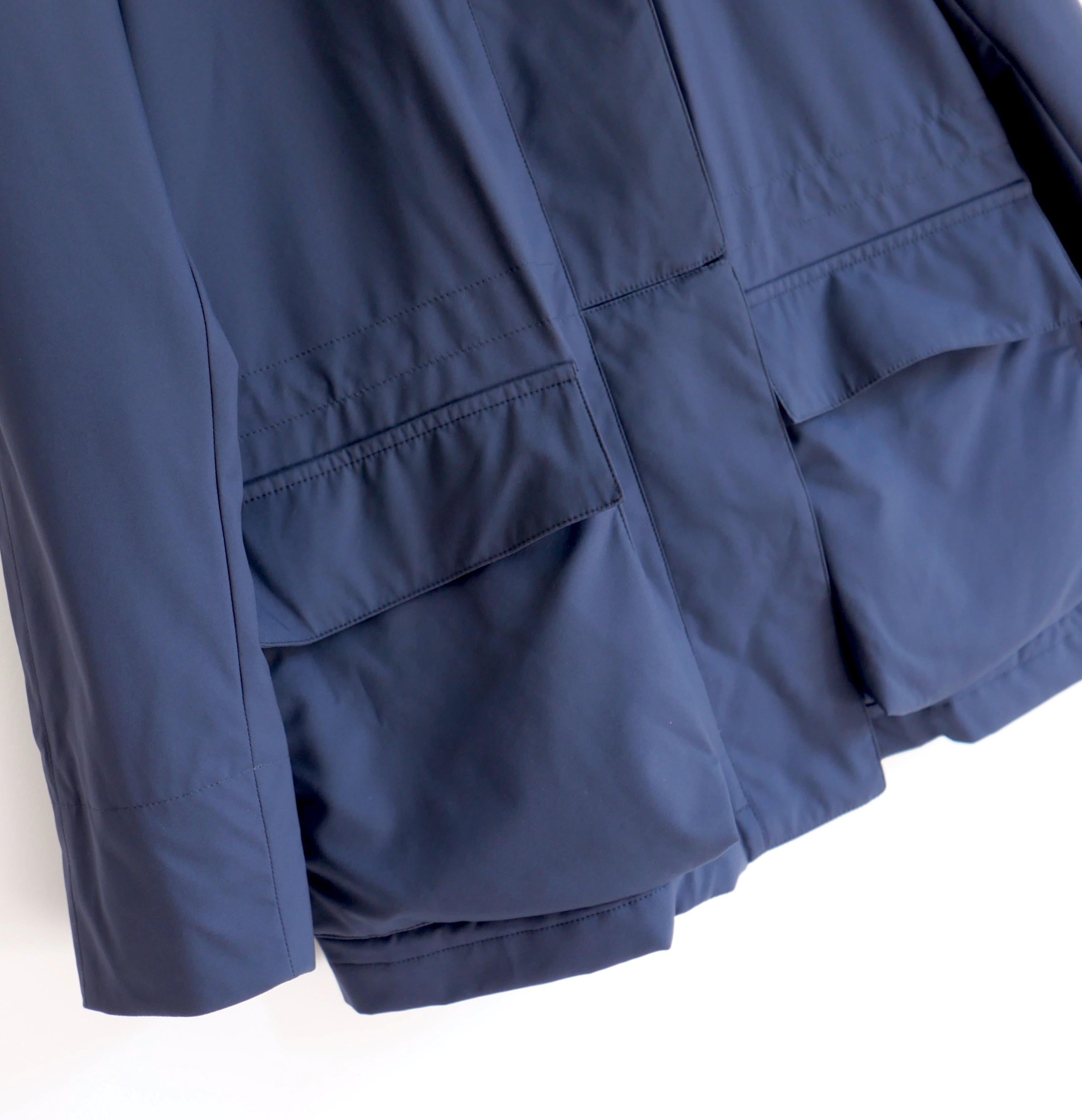 Rare, limited edition Loro Piana Horsey jacket from the 2017 Piazza di Siena celebration collection - this is 160 of 270 produced. Bought for £3000 and unworn. Made from super soft navy polyamide with rain proof polyurethane membrane and beautifully