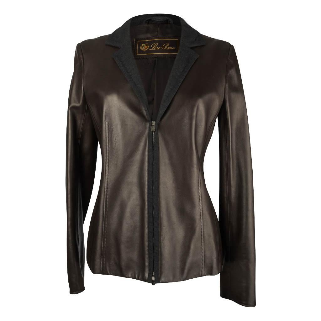 Black Loro Piana Jacket Dark Brown Leather Zip Front 44 / 8