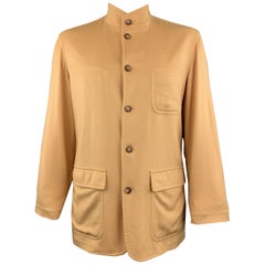 LORO PIANA L Khaki Cashmere Patch Pocket Nehru Collar Jacket