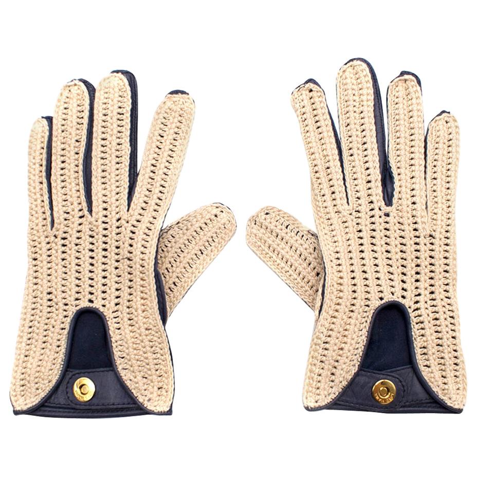 Loro Piana Leather & Crochet Gloves - Size Small For Sale